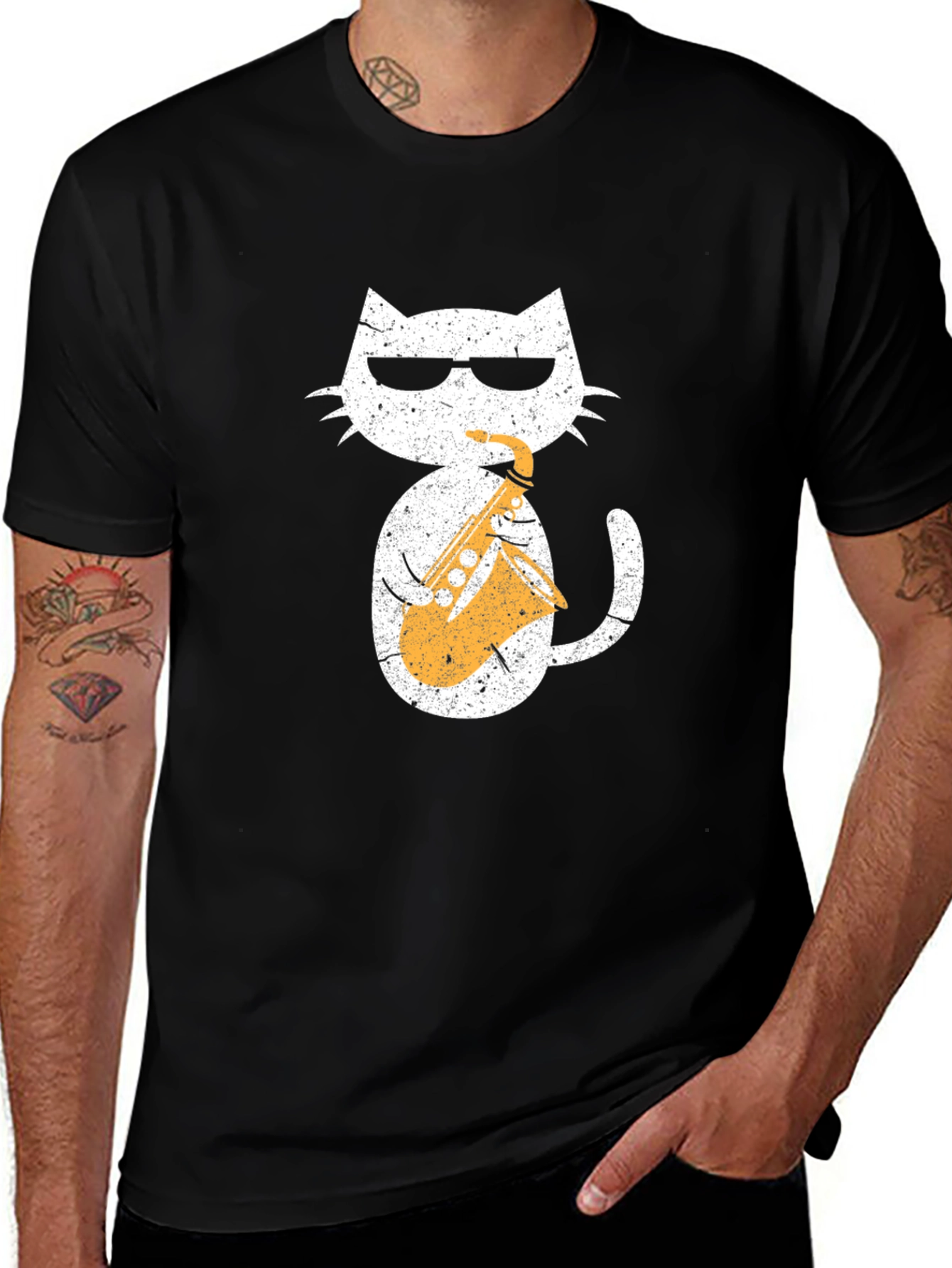Variant 6 of Cool Cat Saxophone Graphic Tee - Black