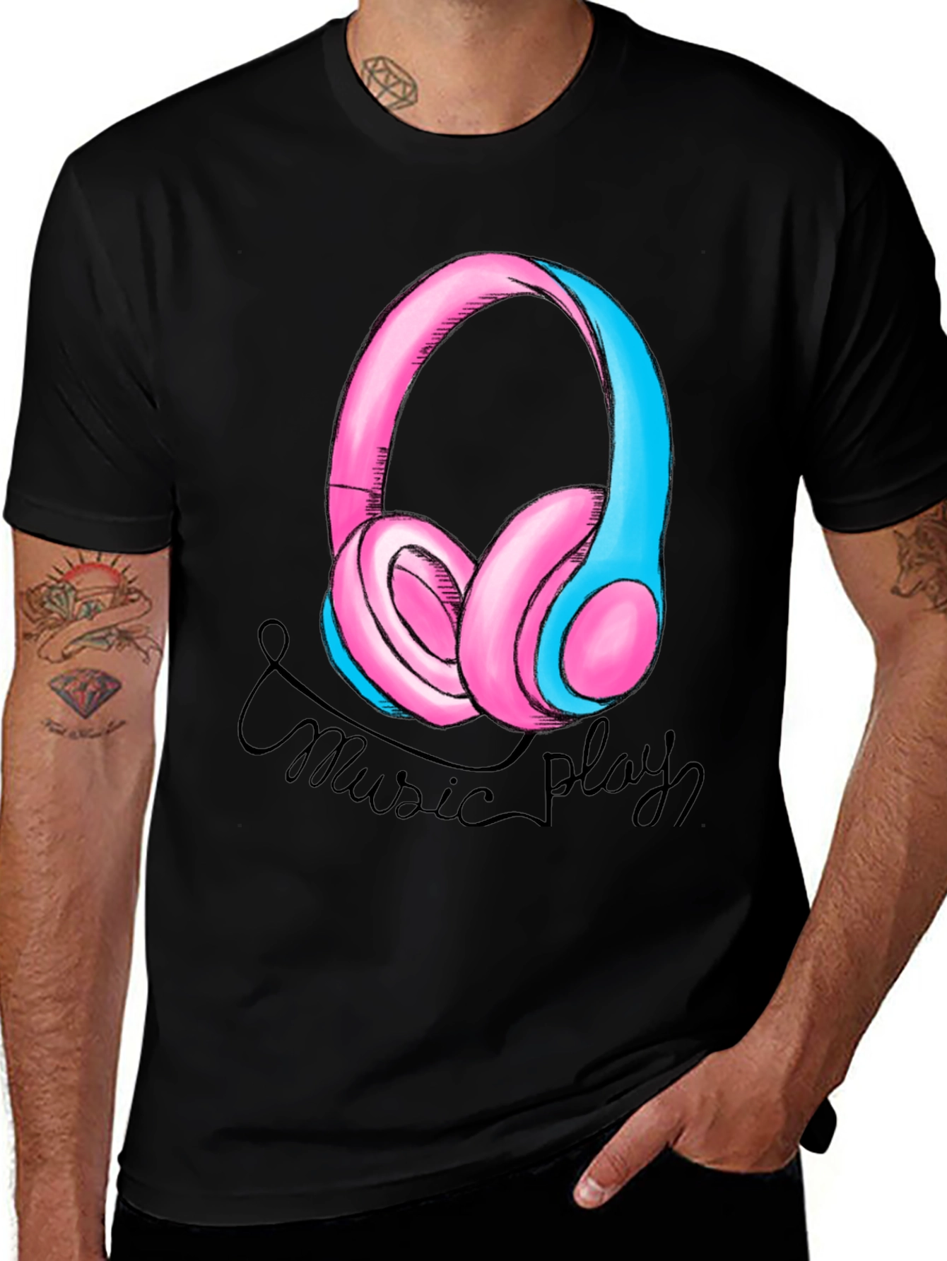 Music Play Headphones Graphic T-Shirt - Black