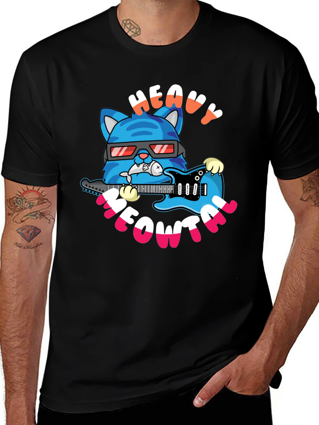 Black Heavy Meowtal Cat Graphic T-Shirt - Rock On! main image