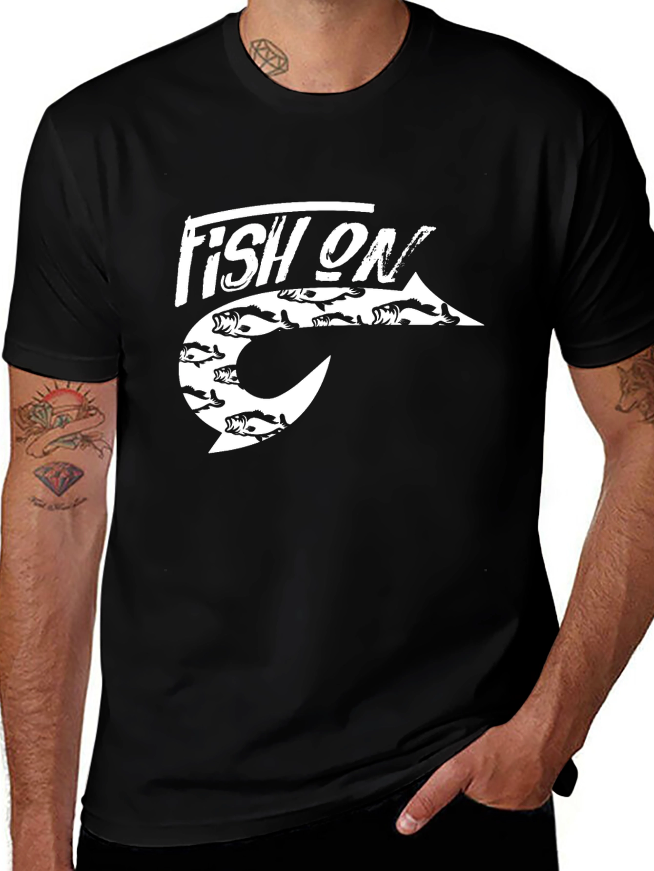 Fish On Graphic Tee - Black Cotton Fishing Shirt