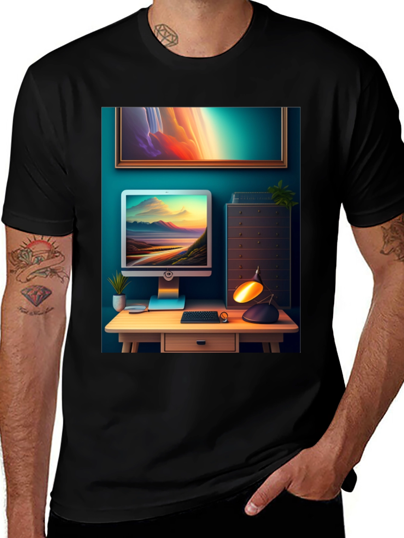 Variant 20 of Artistic Office Scene Black T-Shirt