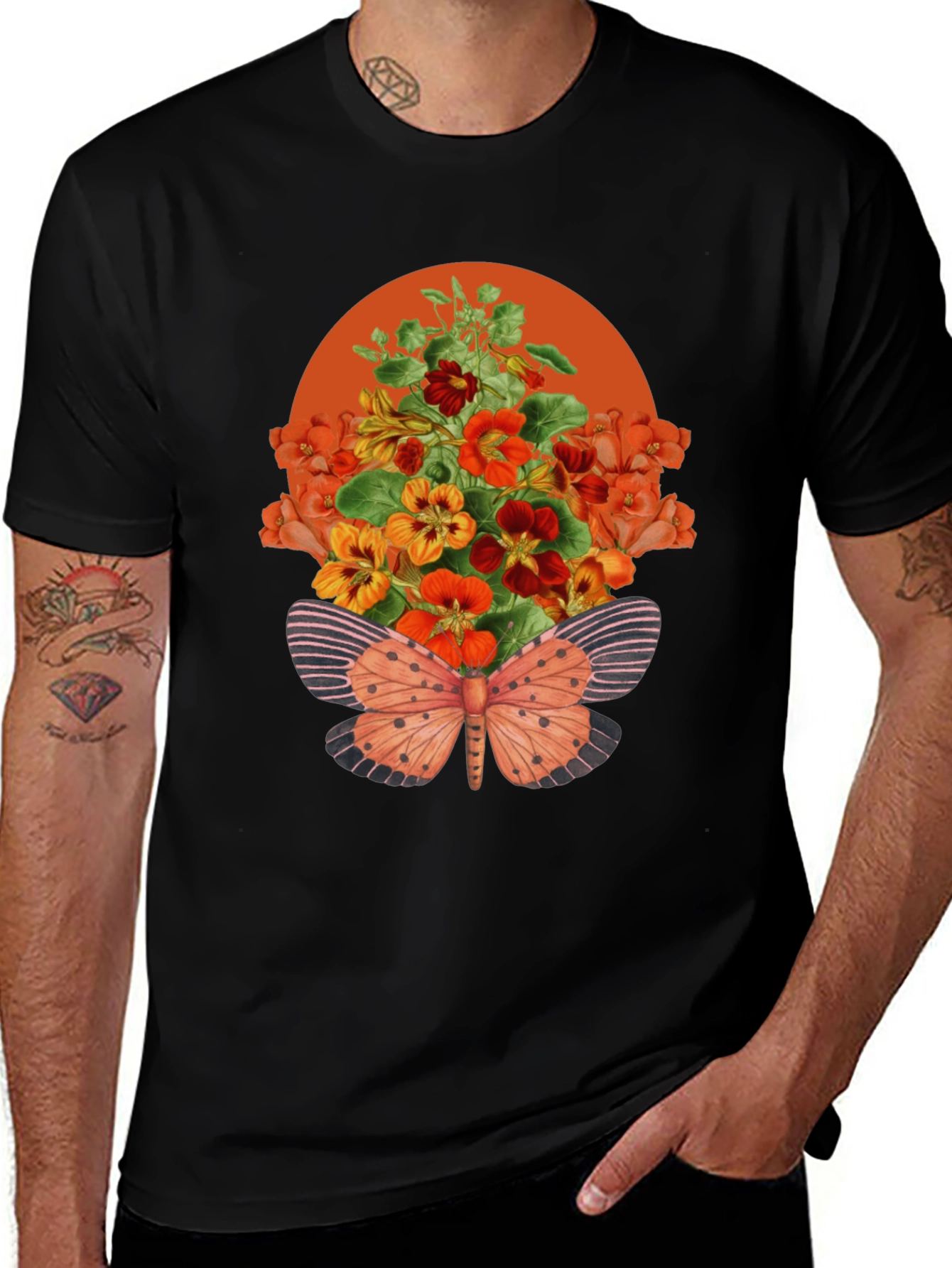 Black Floral Butterfly Graphic Tee - Stylish Unisex T-Shirt main image