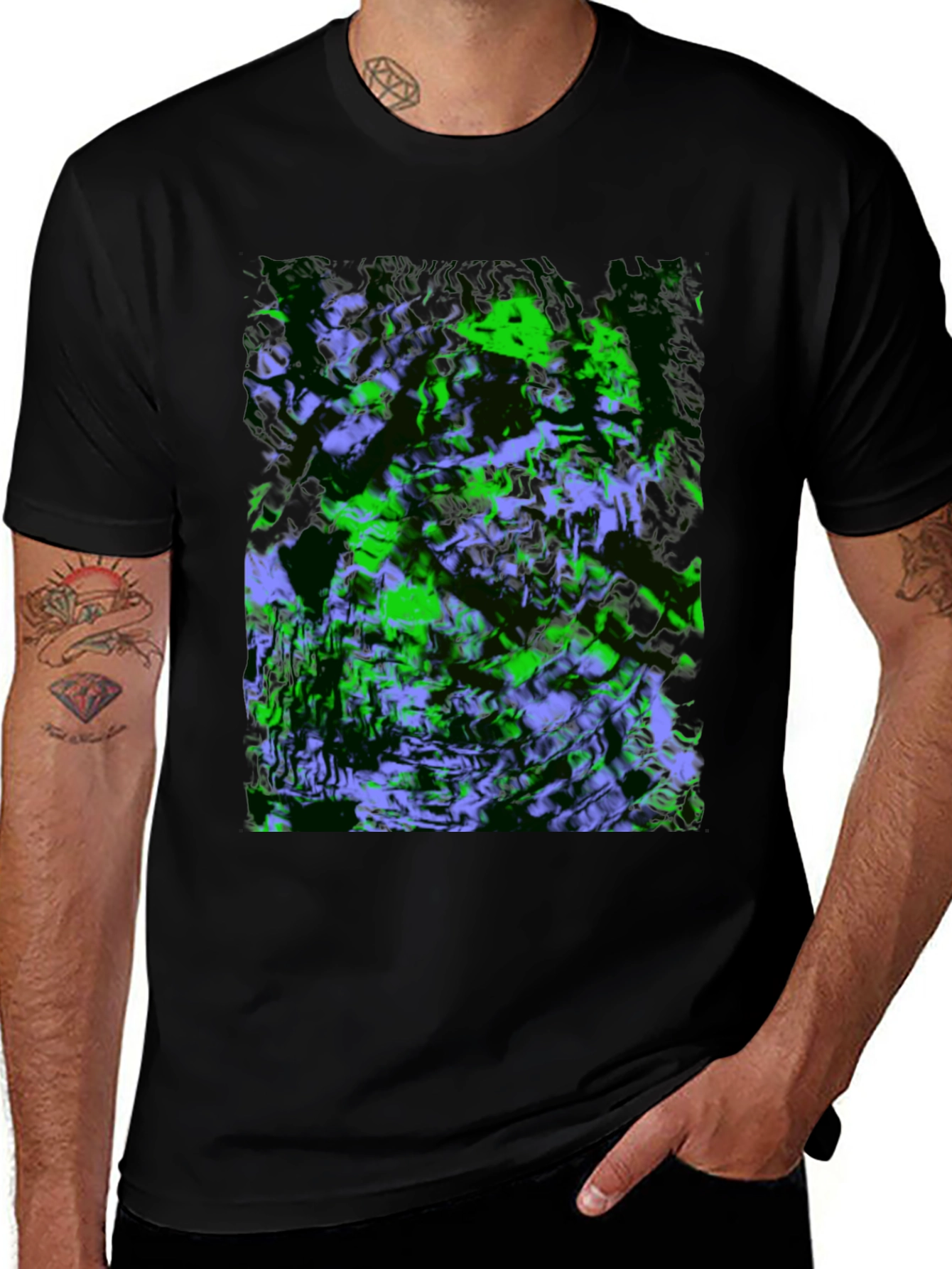 Variant 5 of Abstract Green & Purple Graphic Black T-Shirt