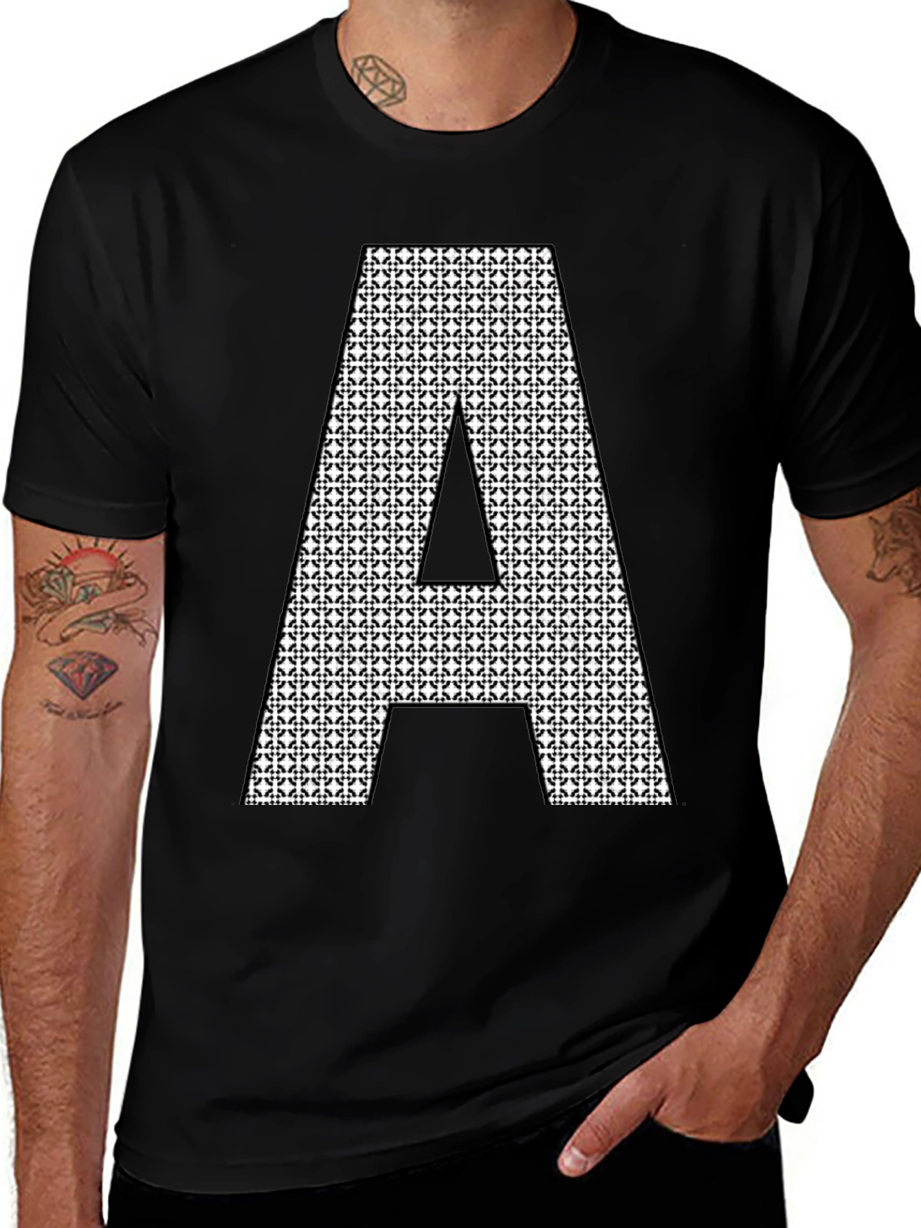 Variant 14 of Stylish Black Tee with Patterned Letter "A"