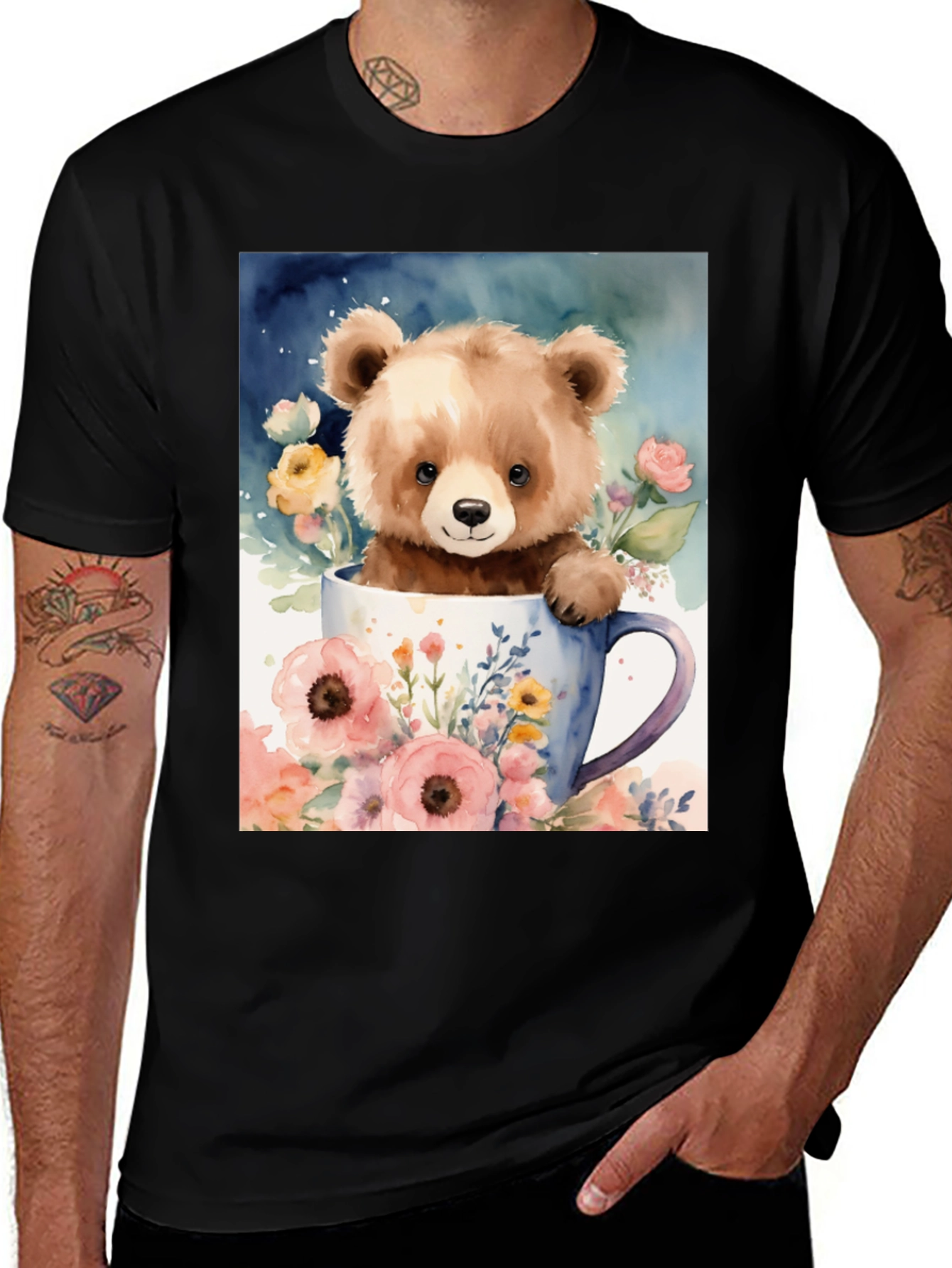 Variant 3 of Cute Bear in Teacup Floral T-Shirt