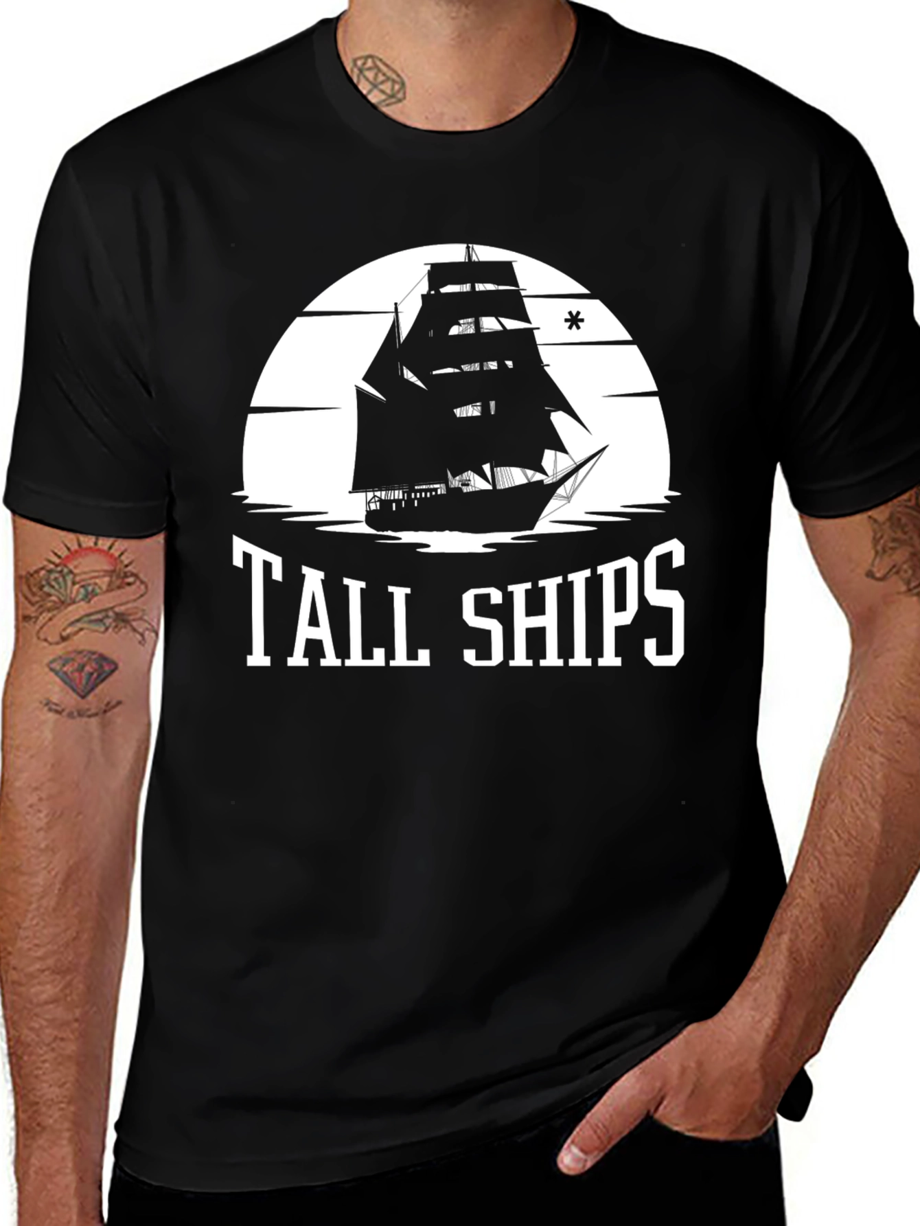 Tall Ships Graphic T-Shirt Black Cotton Blend Men's Casual Wear