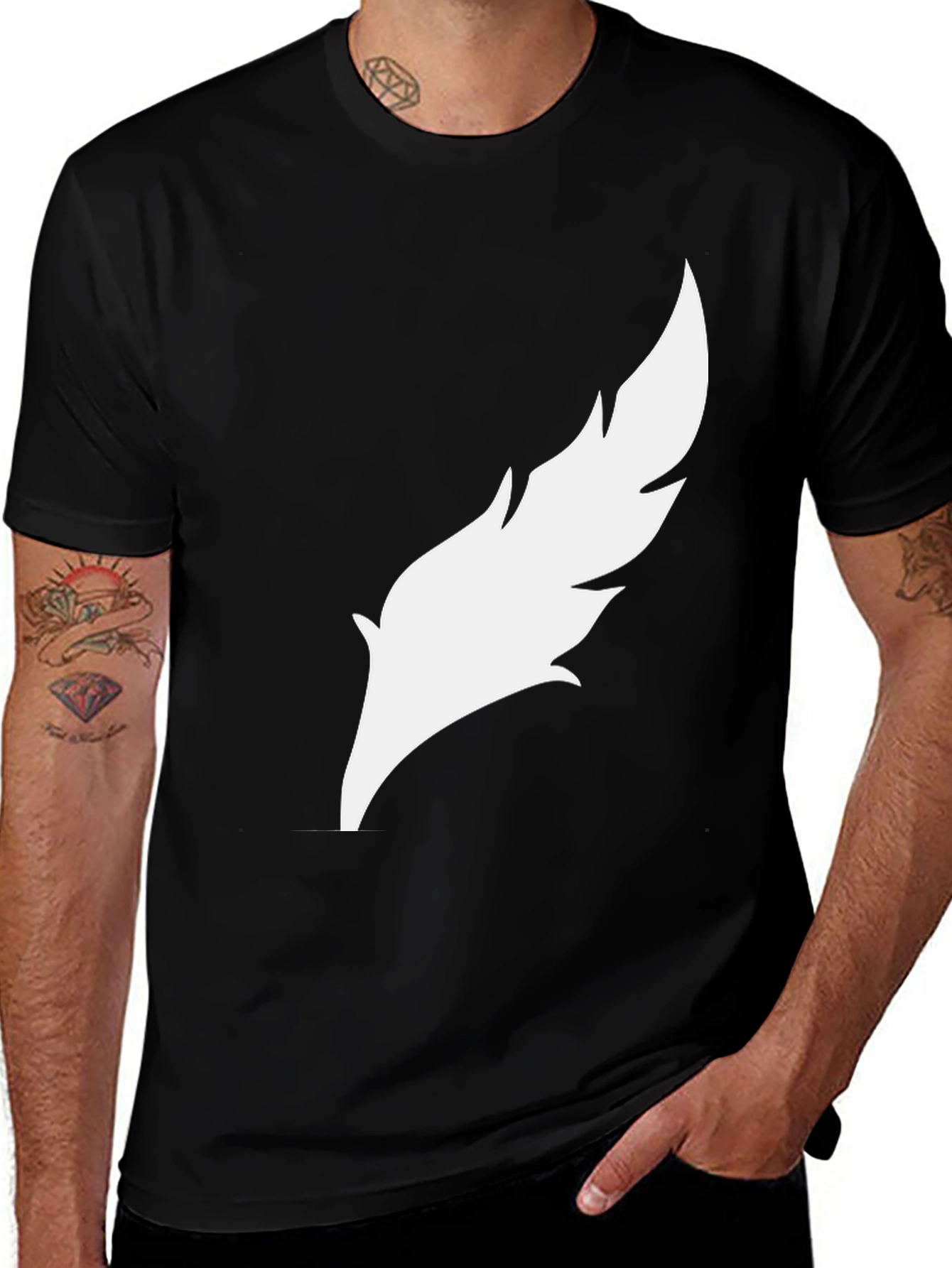 Variant 14 of Men's Black T-Shirt with White Feather Graphic
