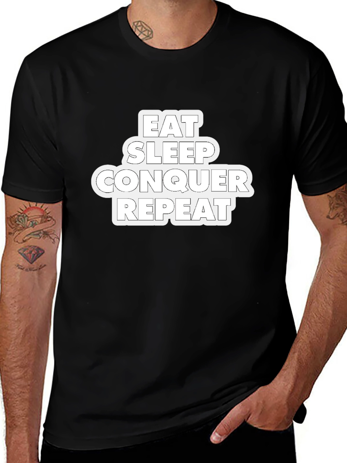 Variant 5 of Eat Sleep Conquer Repeat Black Graphic Tee