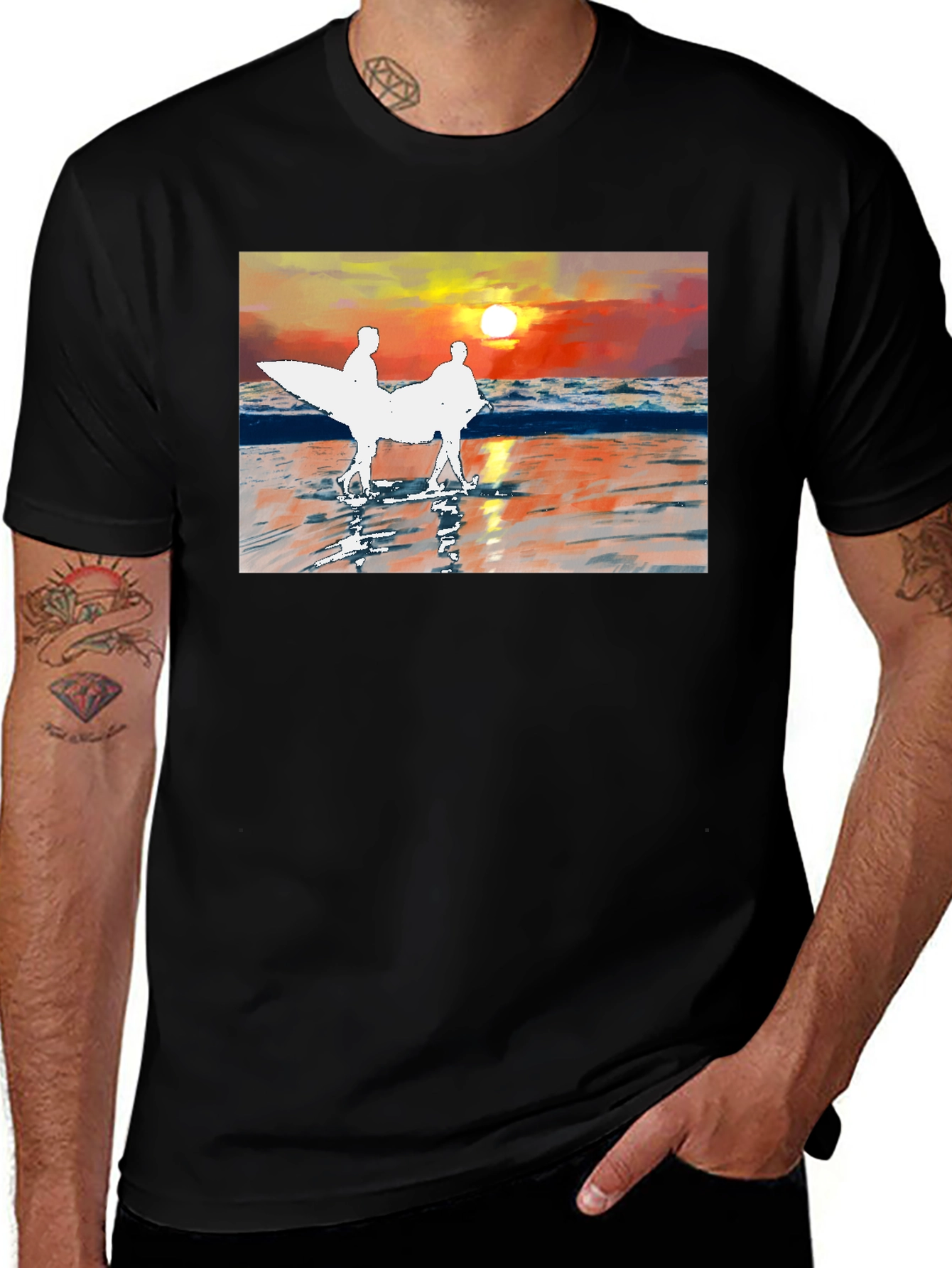 Black Sunset Surfer Graphic Tee - Black Cotton T-Shirt main image