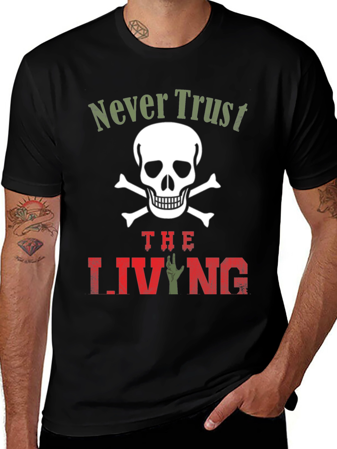 Variant 13 of Never Trust the Living T-Shirt - Skull & Zombie Hand Design