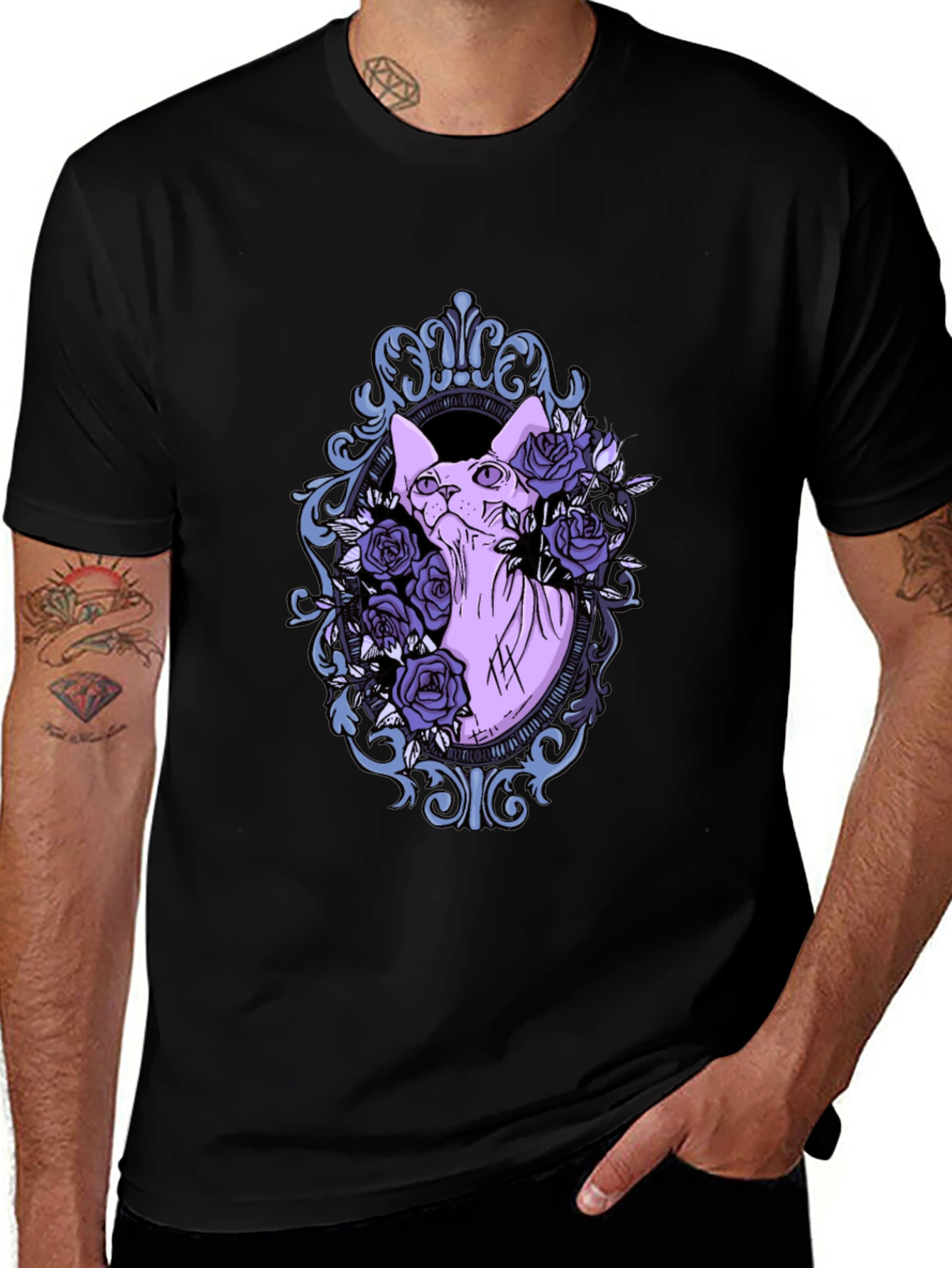 Variant 26 of Gothic Cat Portrait T-Shirt - Unique Floral Design