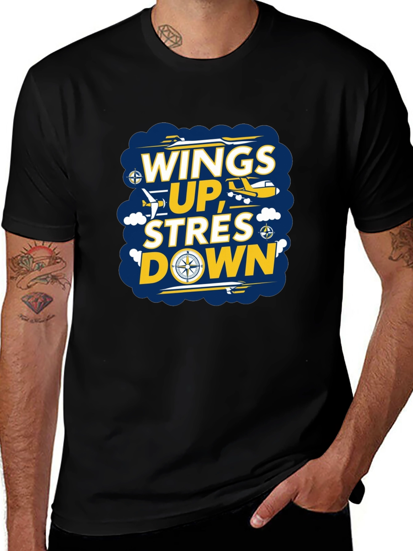Variant 22 of Wings Up Stress Down Graphic T-Shirt - Airplane Design