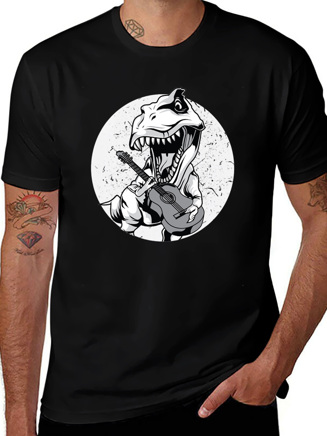 Variant 8 of Dinosaur Guitarist Graphic Tee - Cool Black T-Shirt