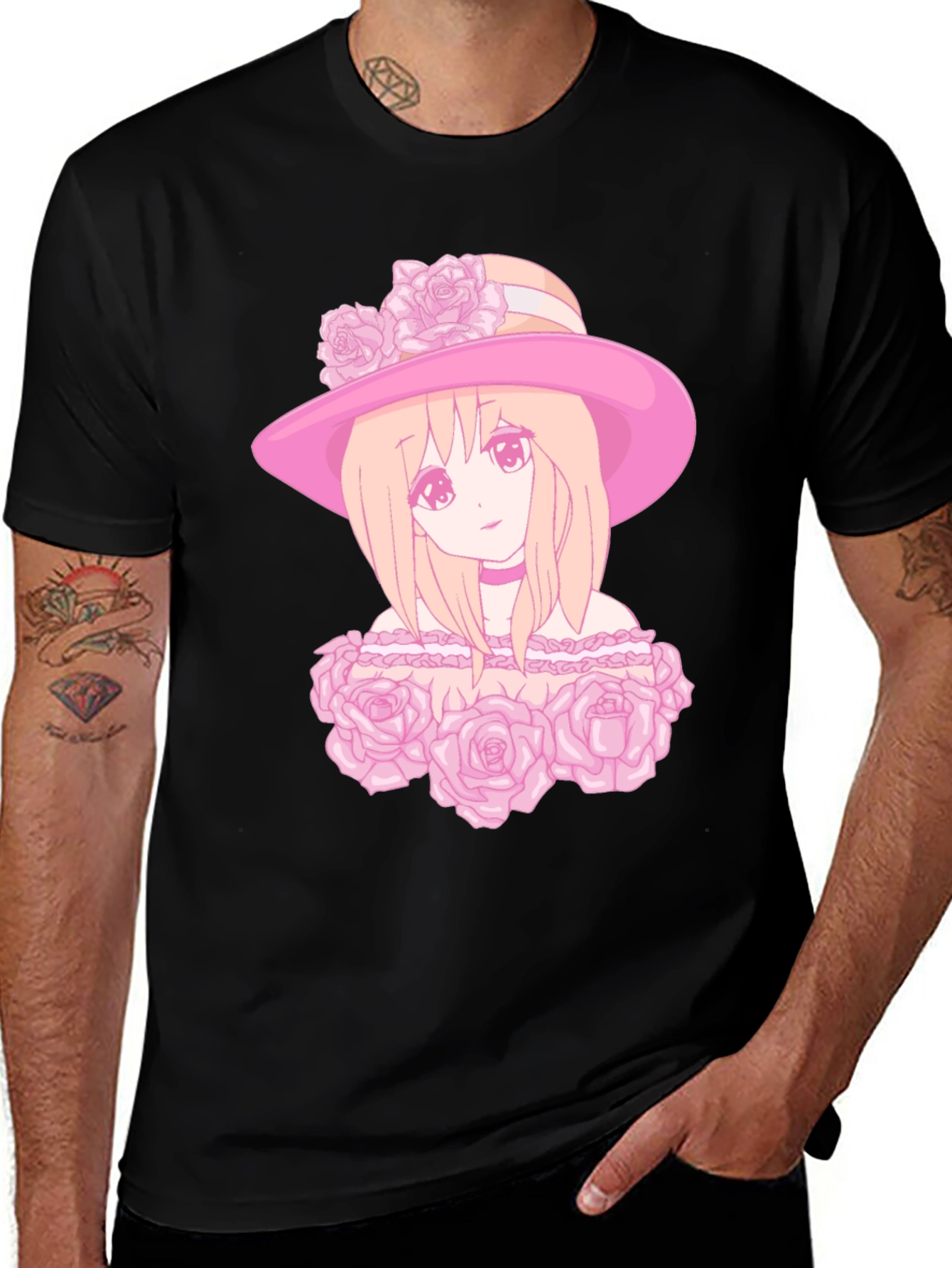 Variant 4 of Anime Girl Rose Hat Graphic Tee