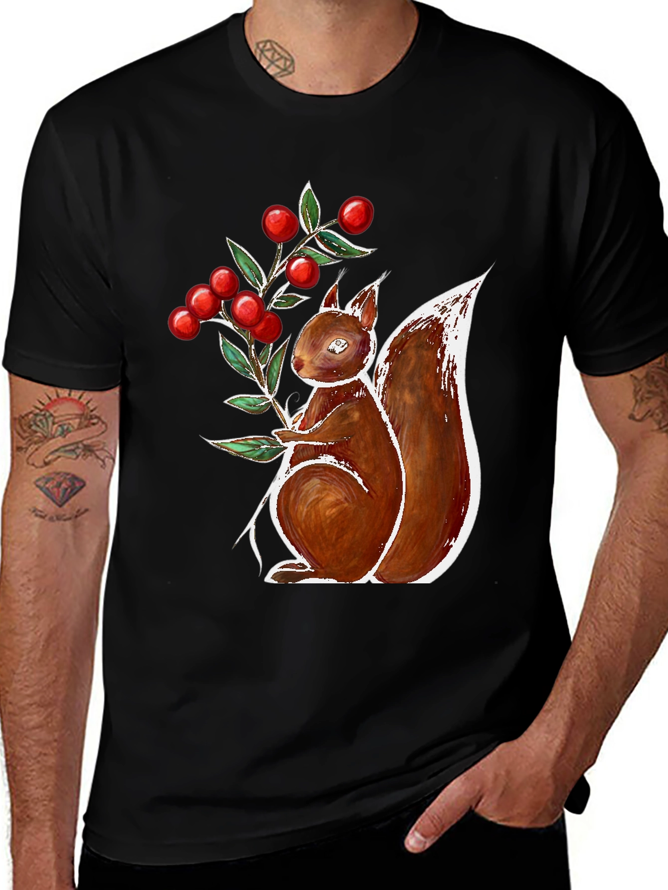 Squirrel & Berries Graphic Black Tee