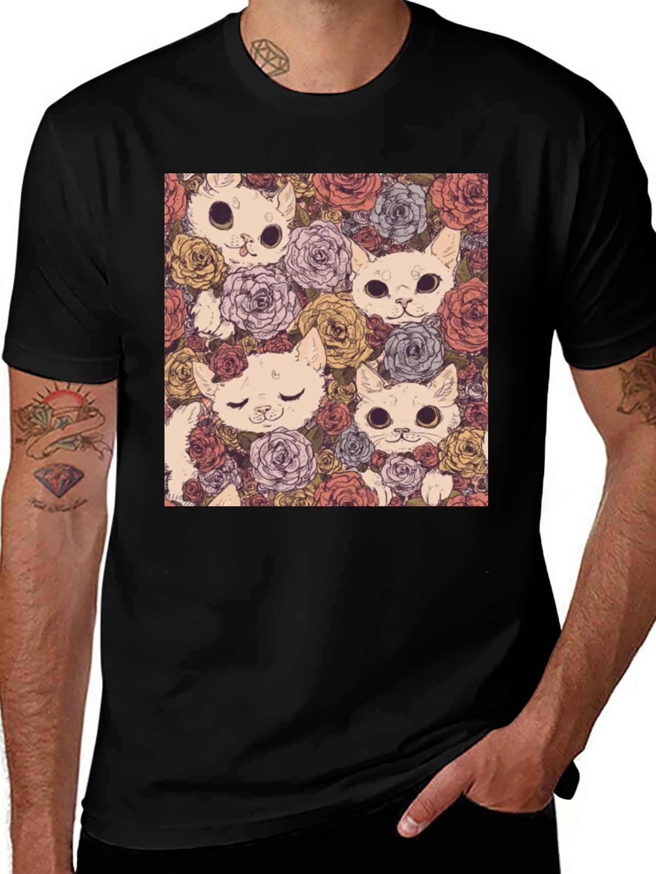Variant 2 of Floral Cat Print Black T-Shirt