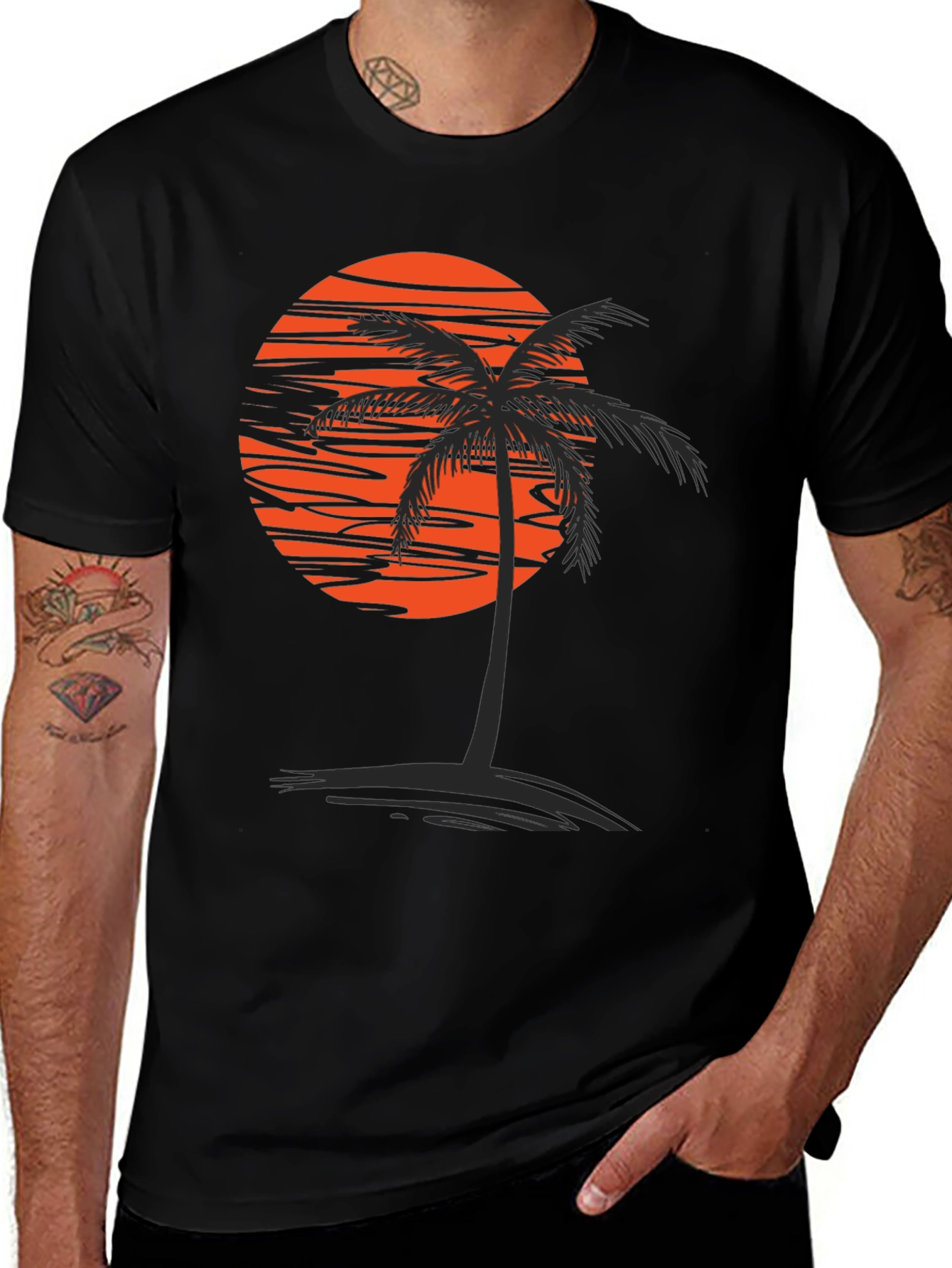 Variant 18 of Sunset Palm Graphic Tee - Men's Black Cotton T-Shirt