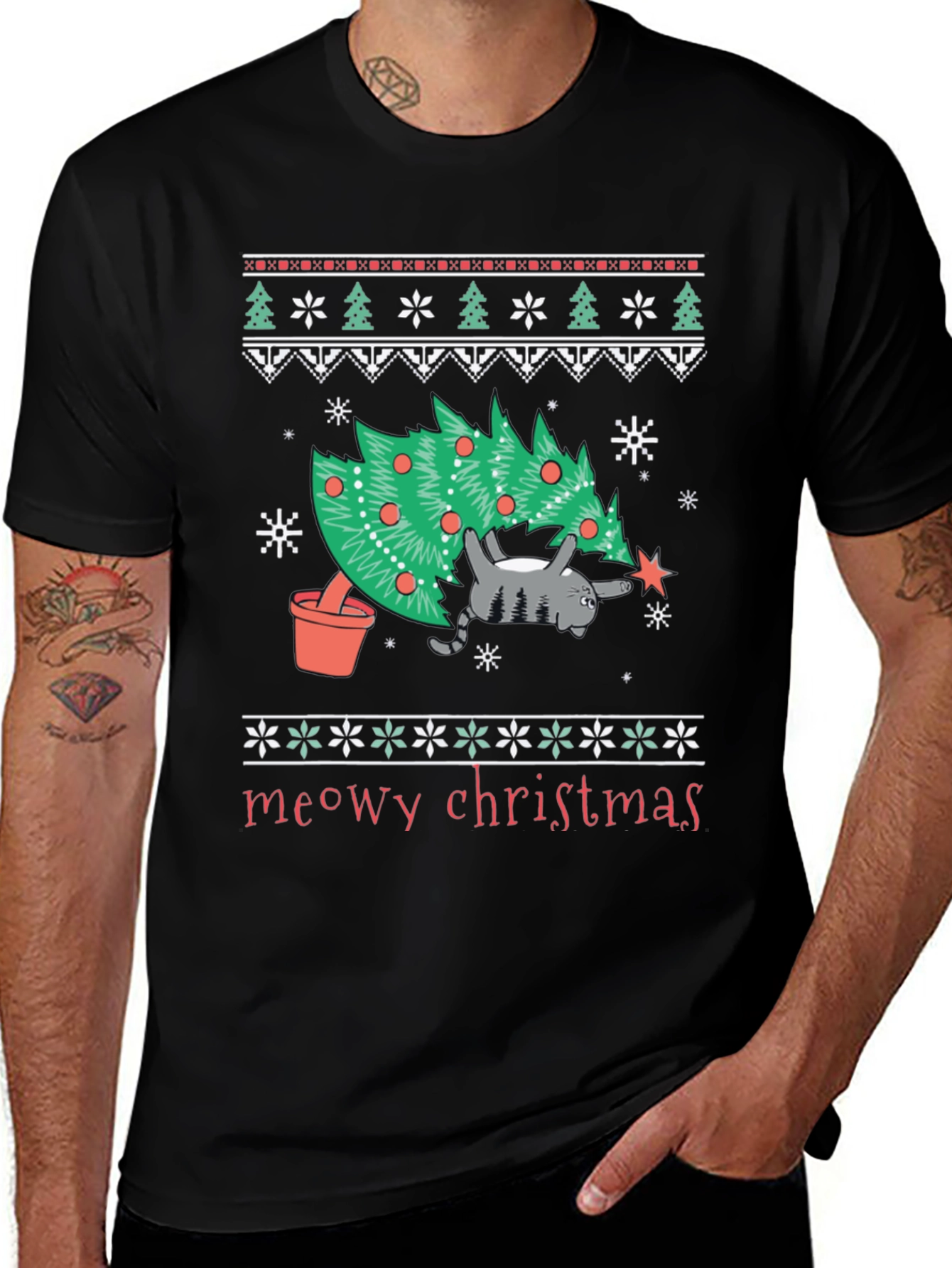 Meowy Christmas Cat T-Shirt - Festive Holiday Tee