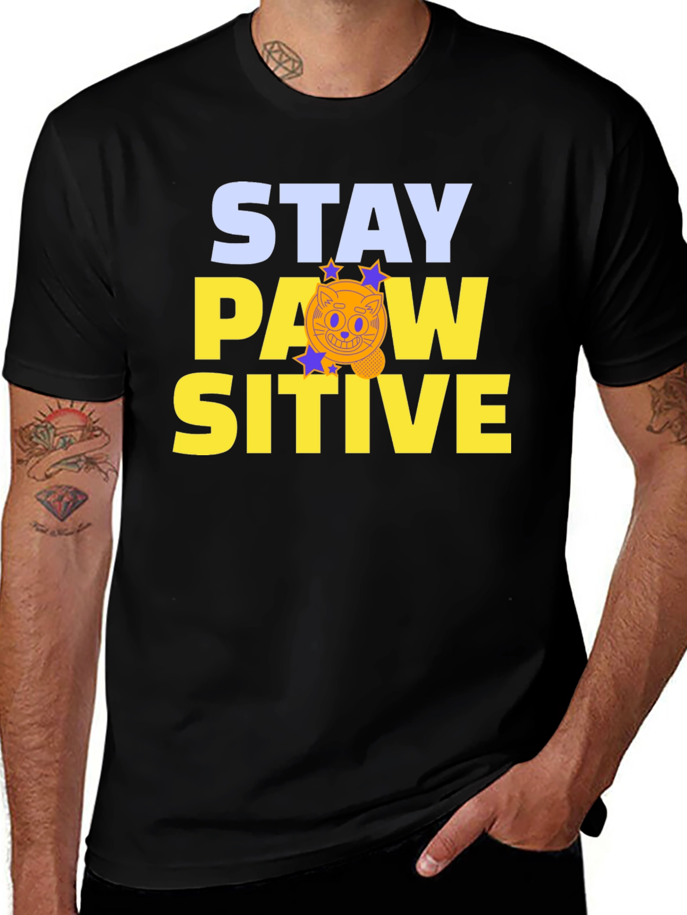 Variant 17 of Stay Pawsitive Graphic T-Shirt - Trendy Cat Design