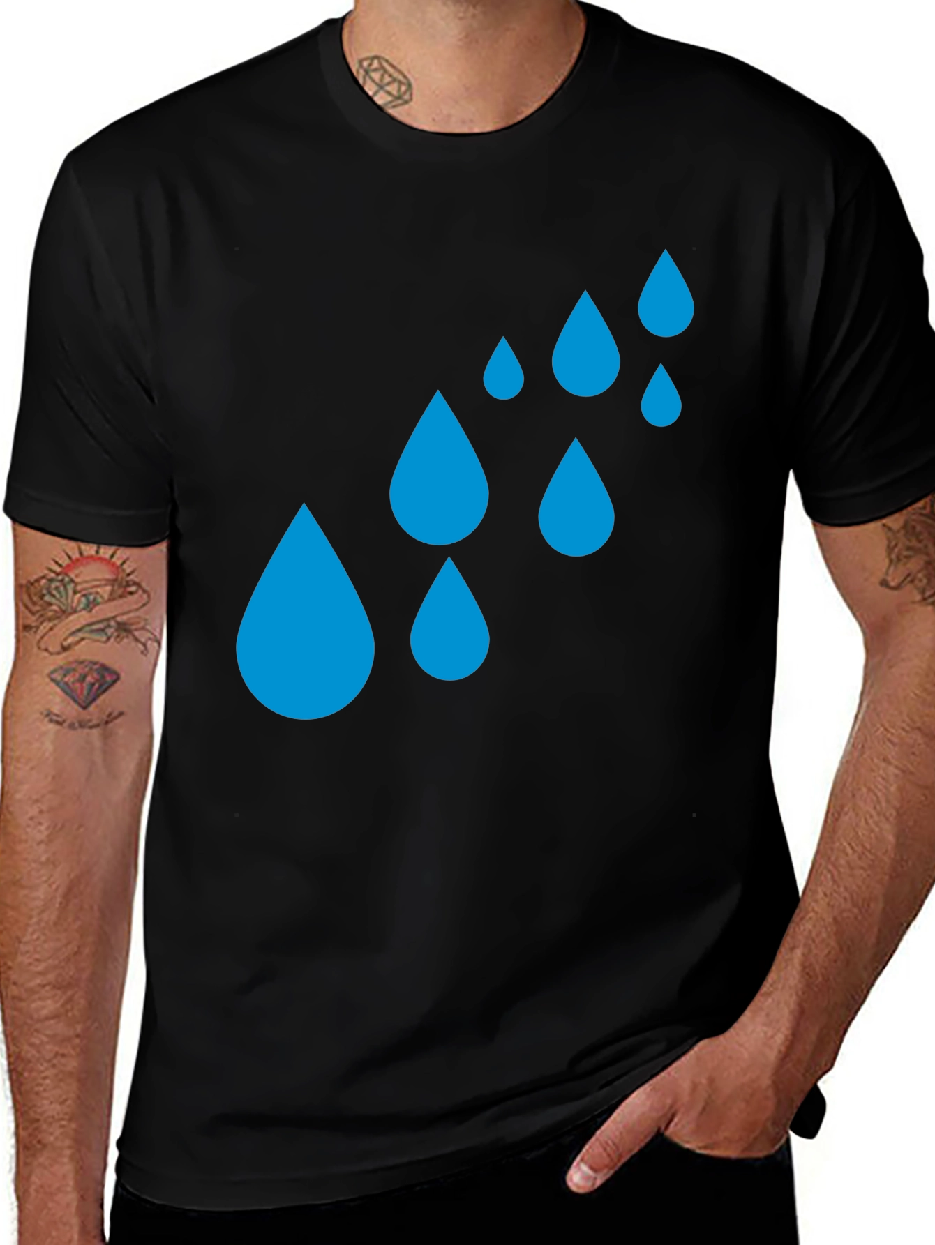 Variant 23 of Men's Black T-Shirt with Blue Water Droplet Graphic