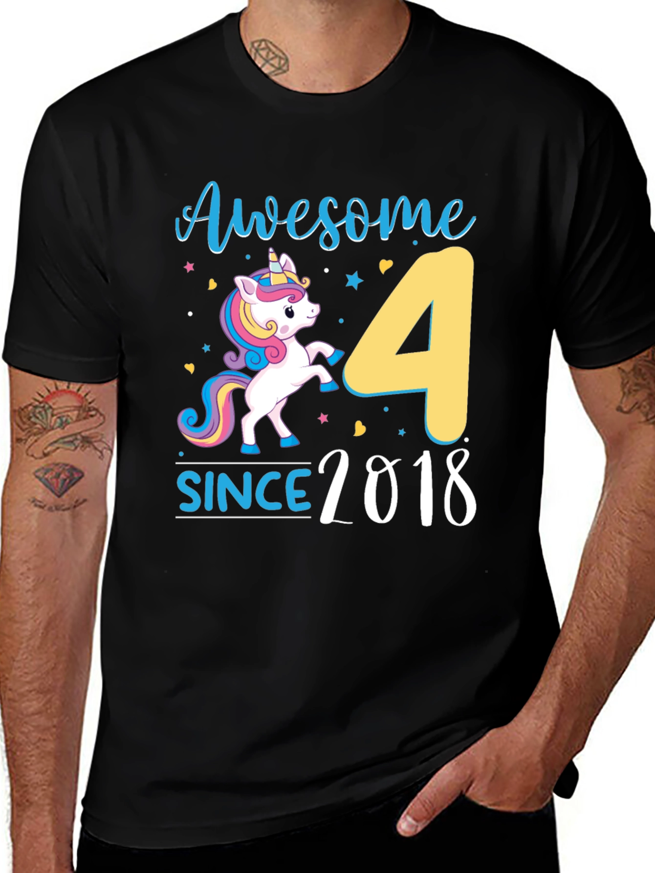 Variant 4 of Awesome Since 2018 Unicorn 4th Birthday Black T-Shirt