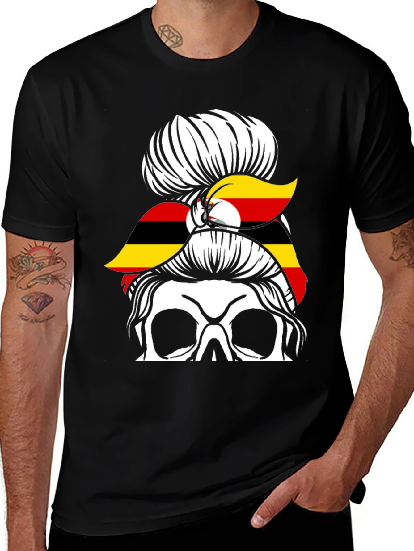 Variant 6 of Uganda Flag Messy Bun Skull T-Shirt