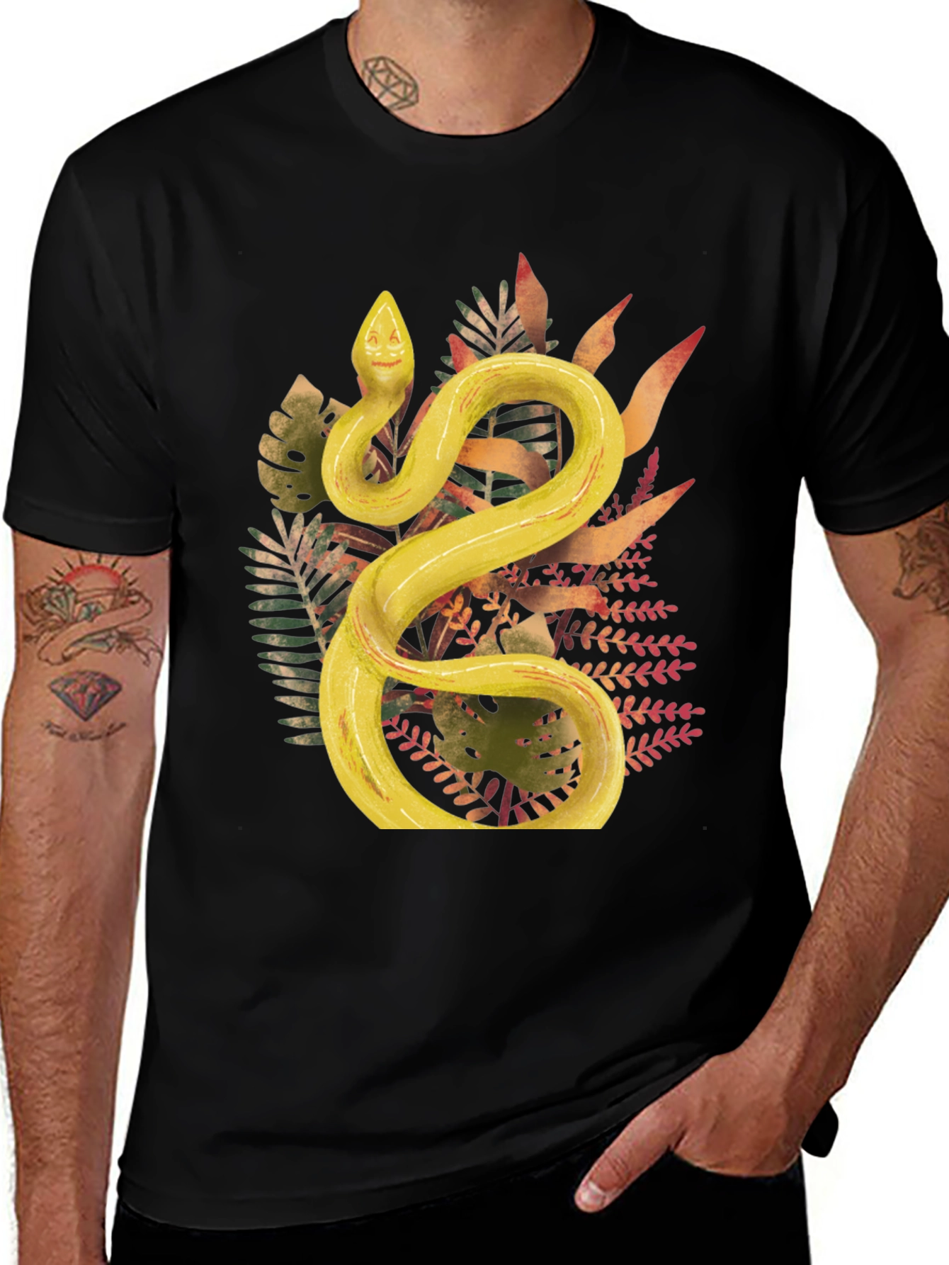 Variant 26 of Tropical Snake Print Men's Black T-Shirt