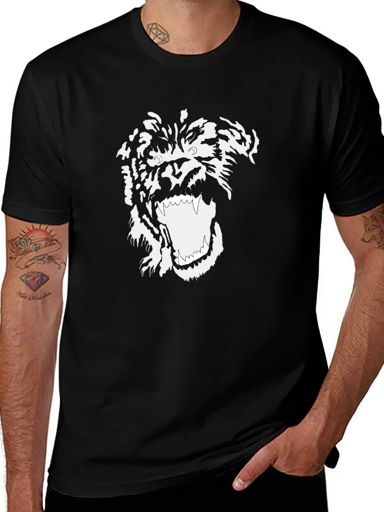 Variant 22 of Men's Black T-Shirt with White Gorilla Graphic