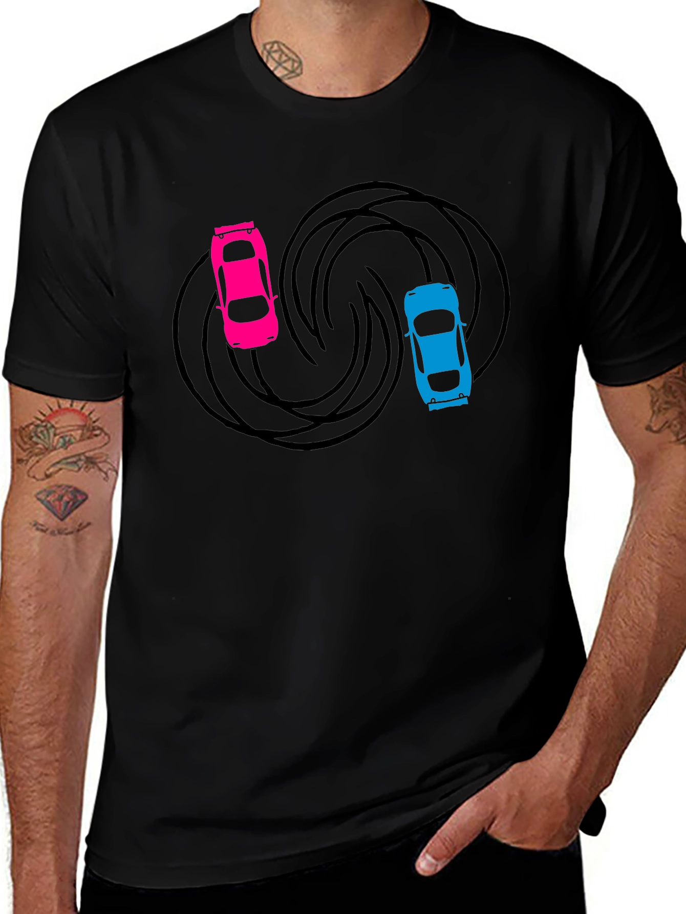Drifting Duel T-Shirt: Pink vs Blue Cars