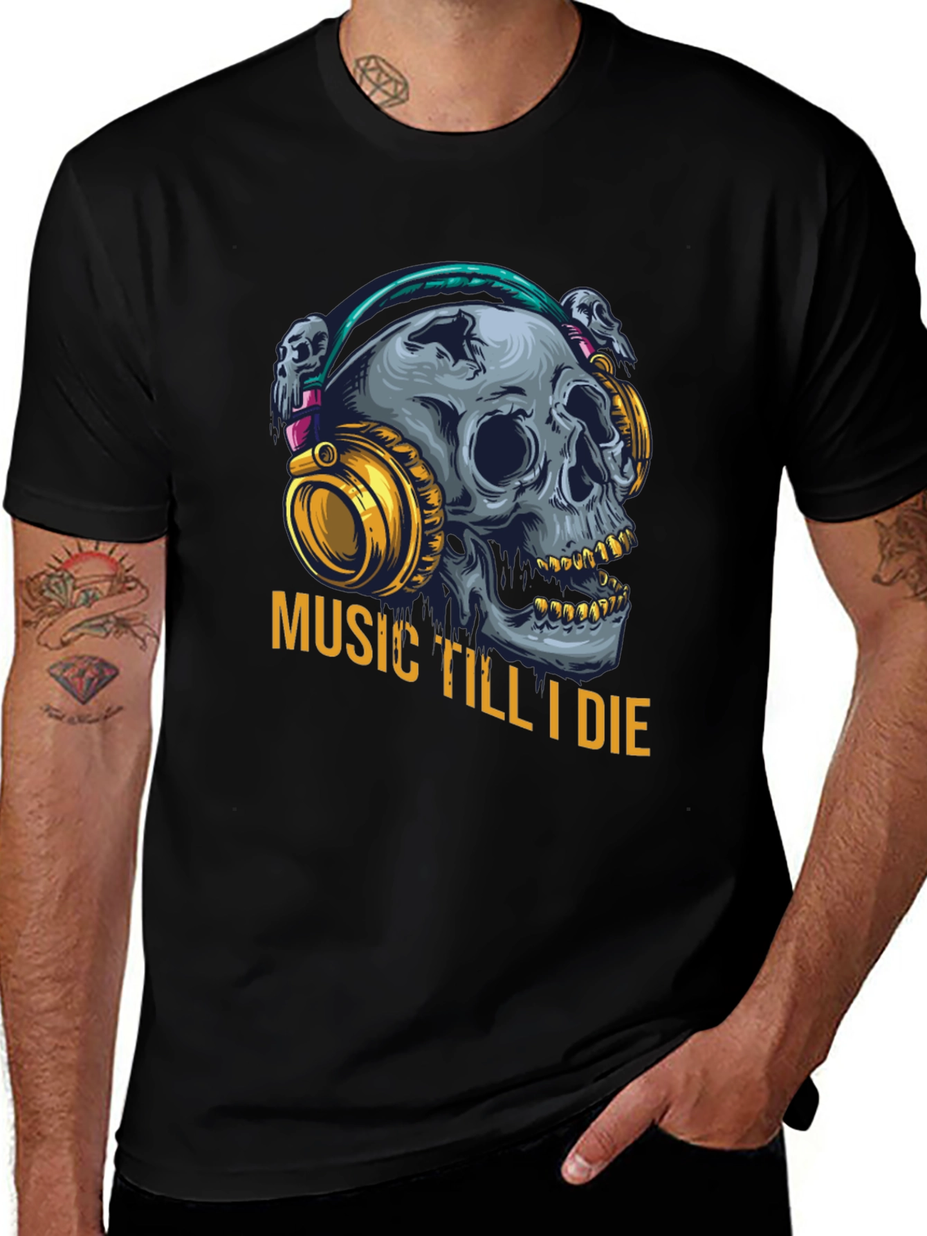 Variant 16 of Music Till I Die Skull Graphic Tee - Black