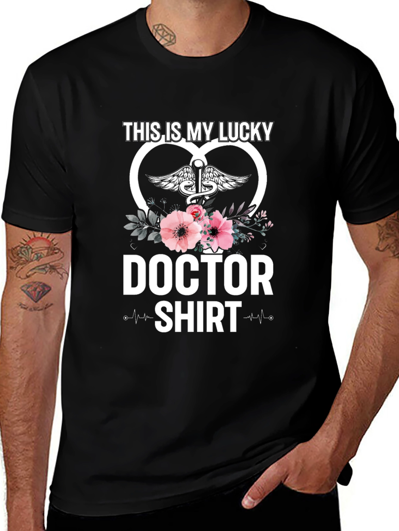 Variant 13 of Lucky Doctor T-Shirt - Caduceus & Floral Design