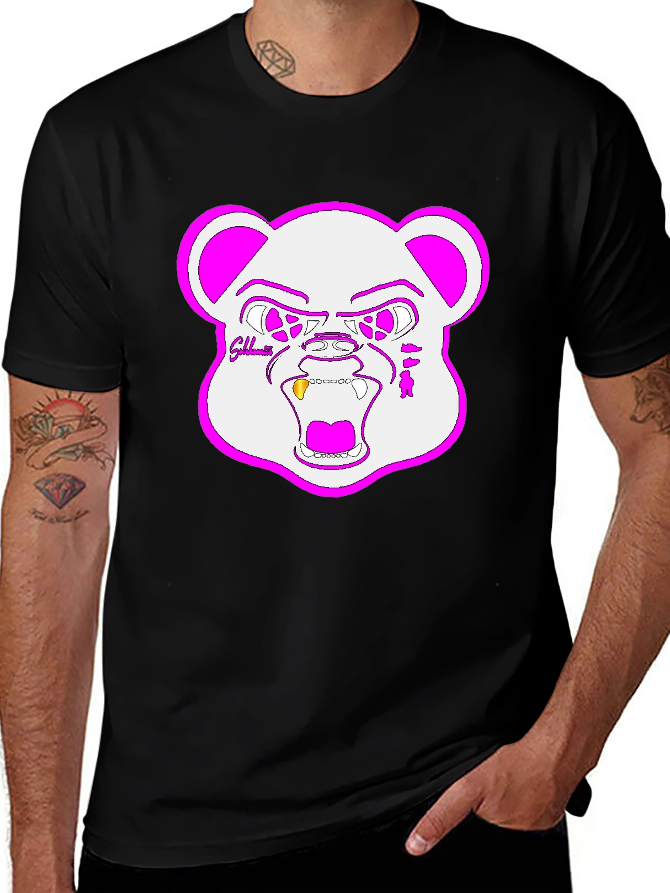 Black T-Shirt with Graphic Bear Print