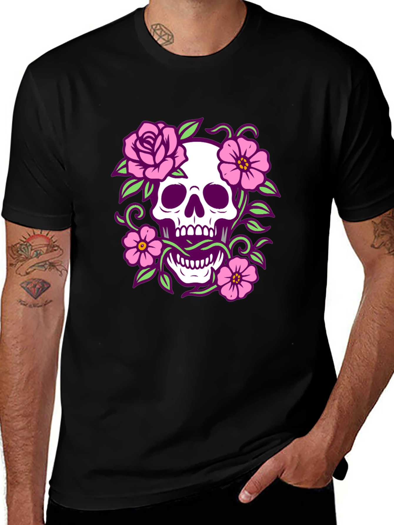 Variant 10 of Floral Skull Graphic Tee - Black