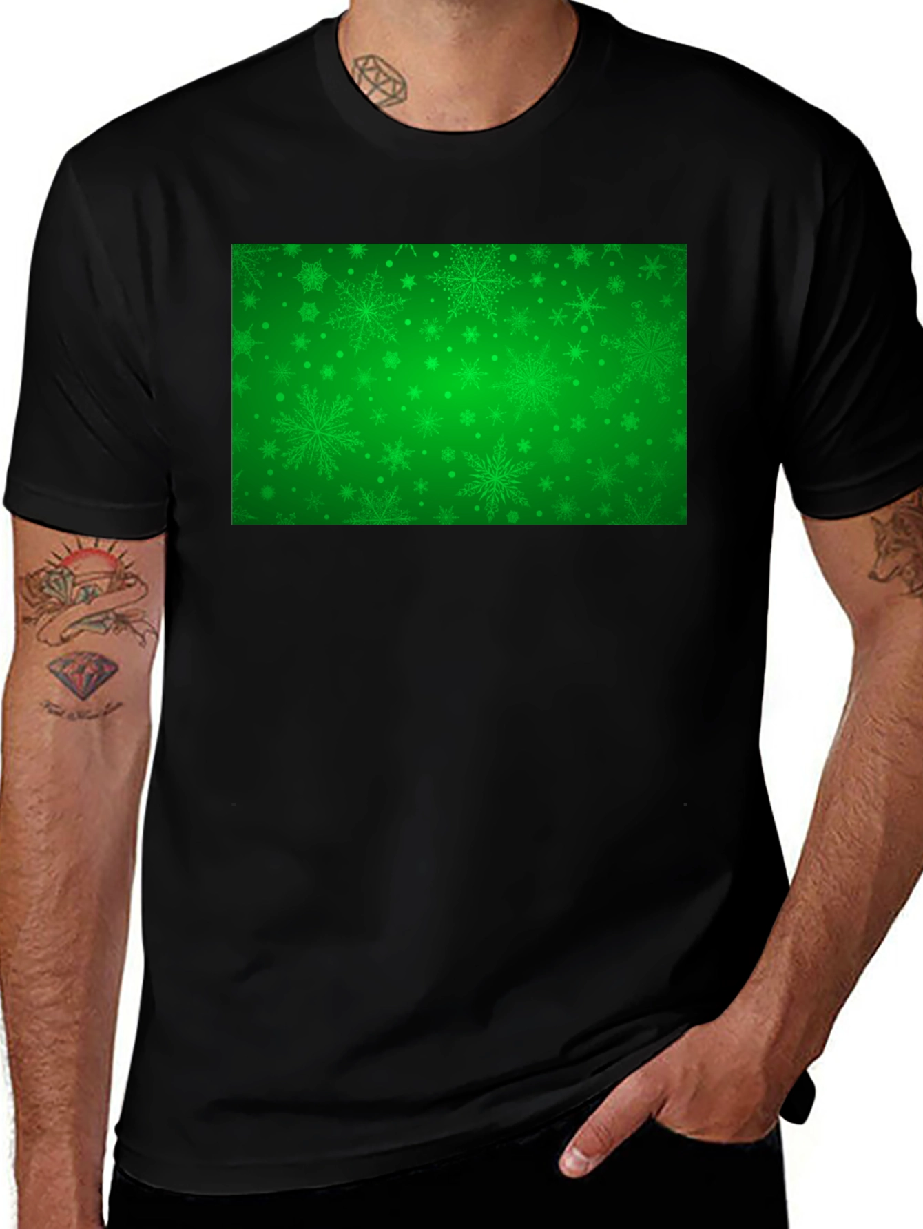 Variant 28 of Green Snowflakes Pattern Black T-Shirt