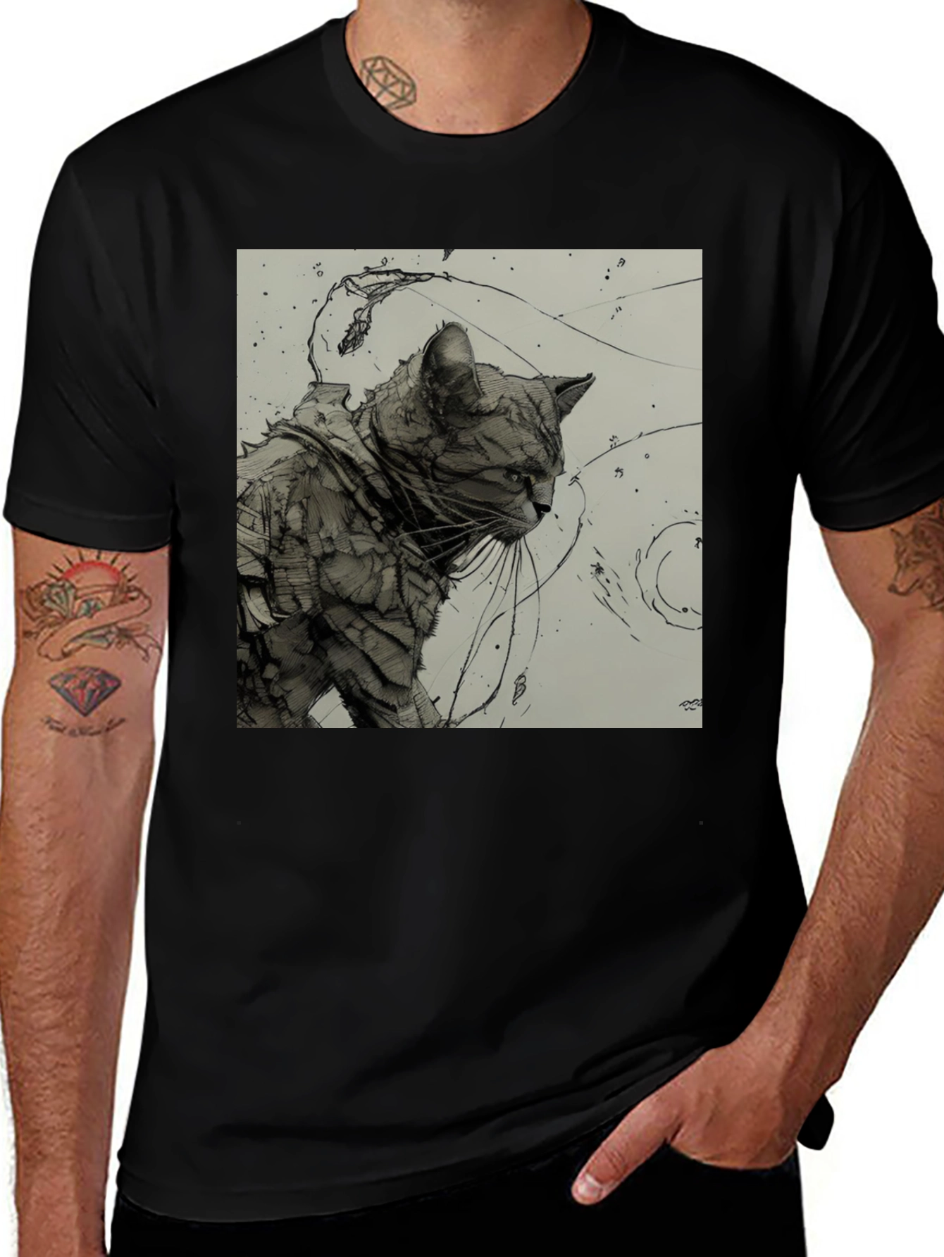 Variant 29 of Artistic Cat Graphic Black T-Shirt