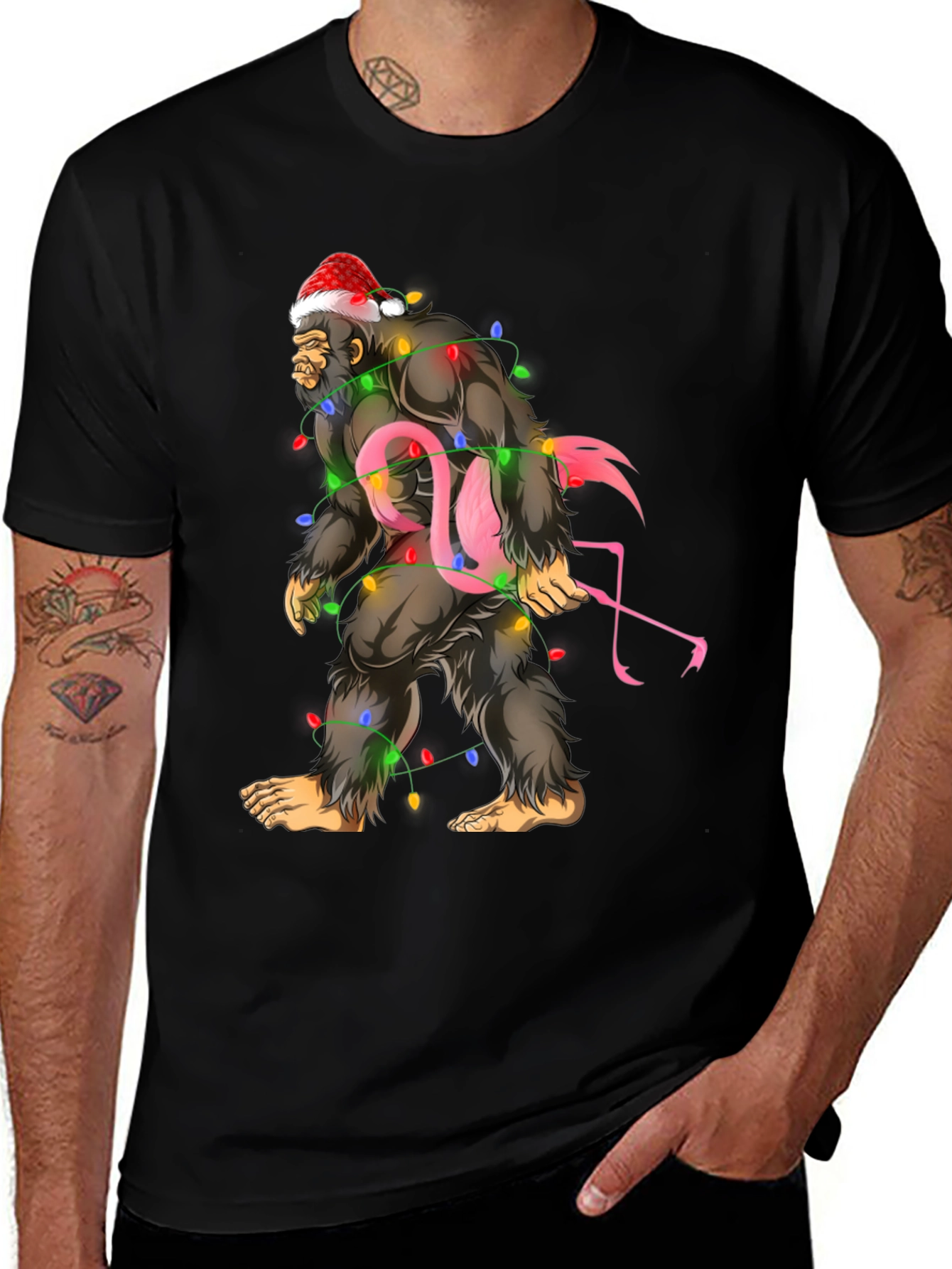 Variant 20 of Sasquatch Flamingo Christmas Lights Graphic Tee