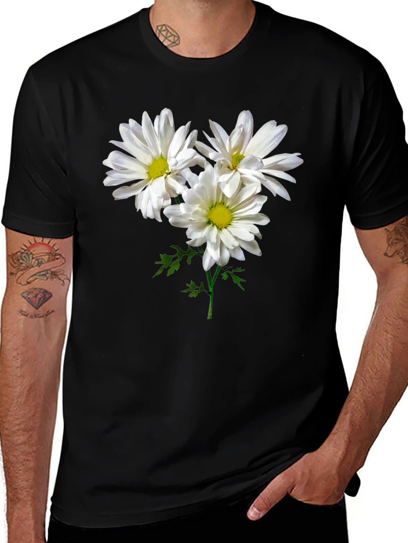 Variant 15 of Floral Daisy Graphic T-Shirt - Black Cotton Blend