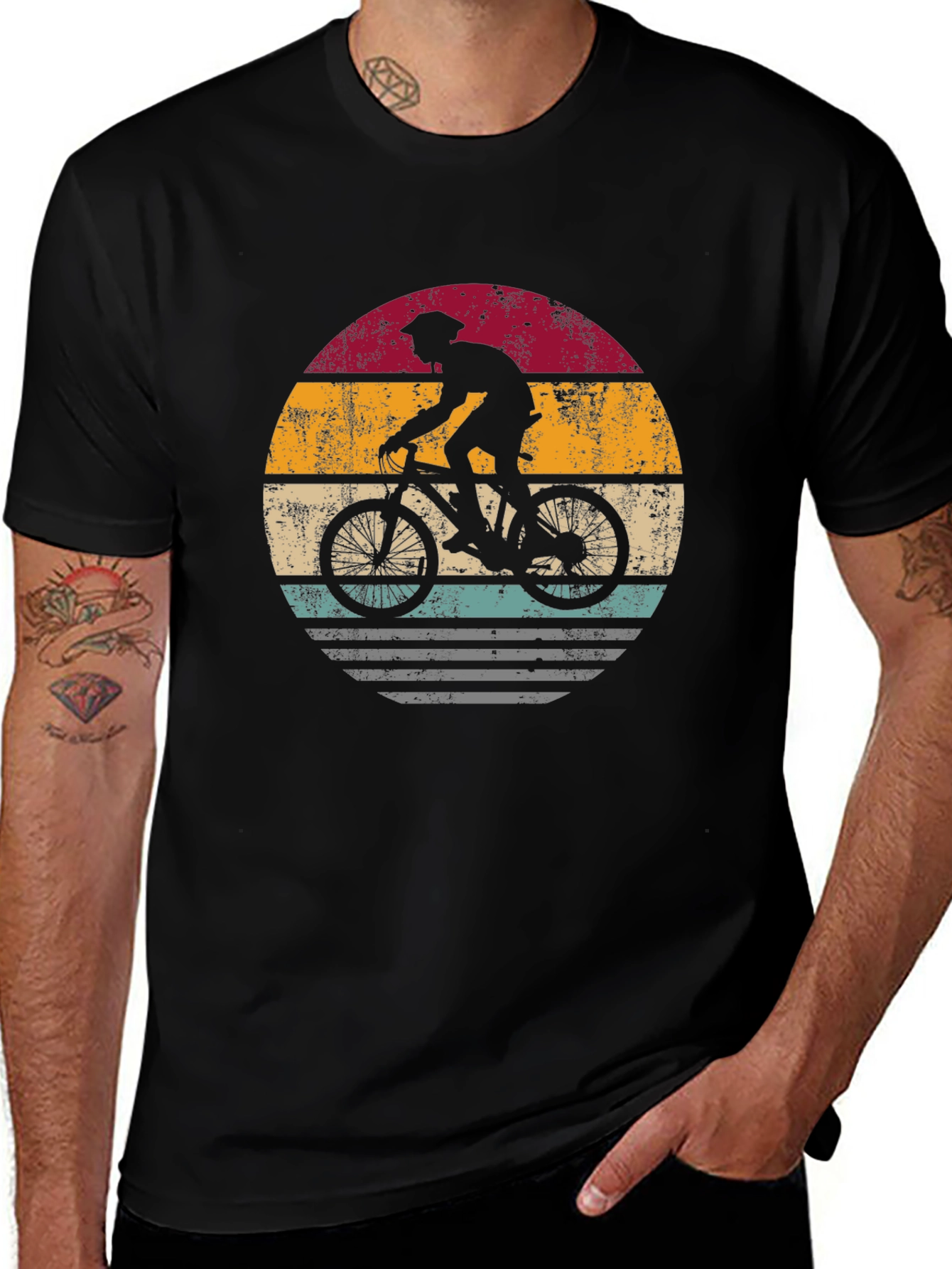 Retro Biker Graphic Tee - Mountain Bike Sunset Design