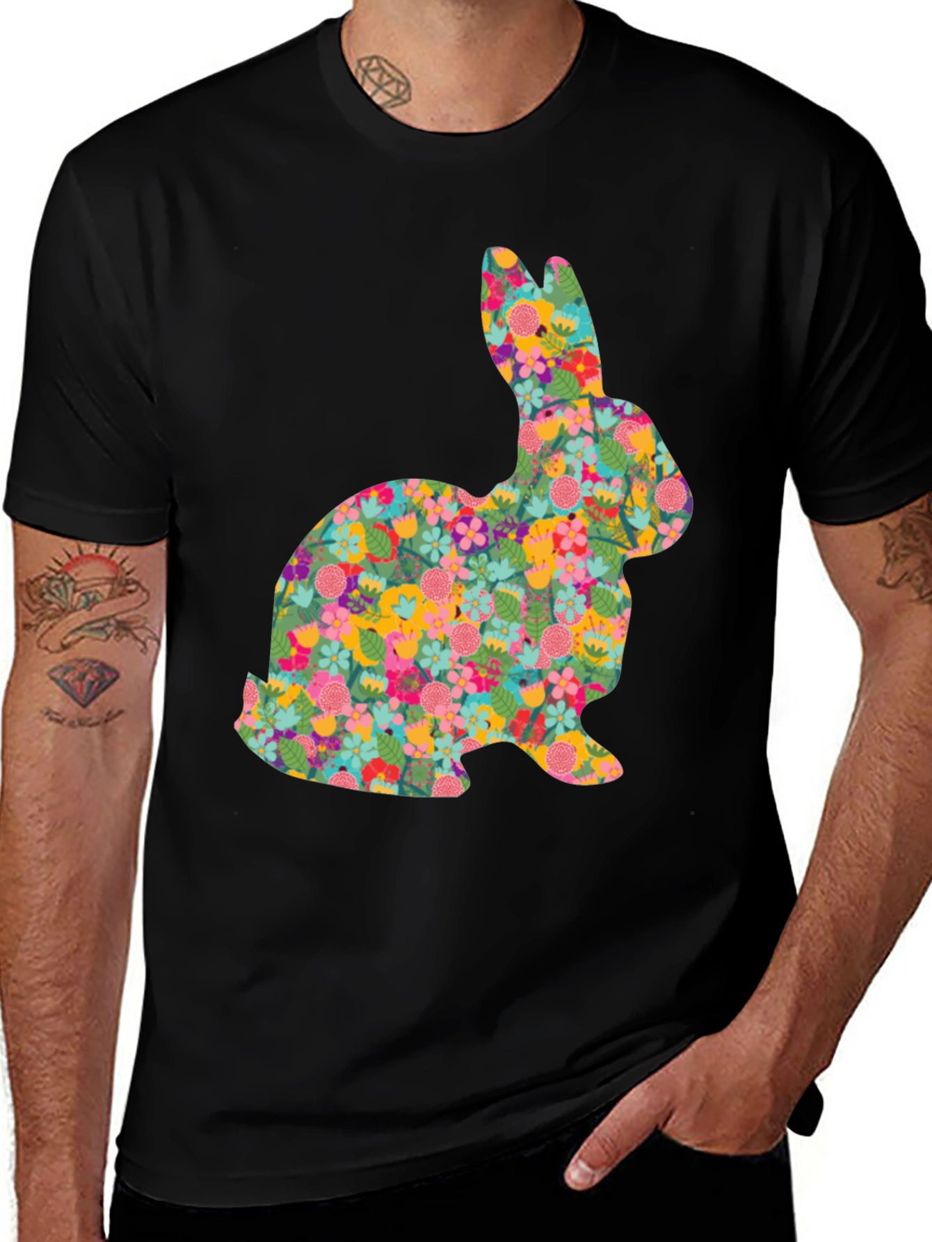 Variant 21 of Floral Bunny Graphic Tee - Black Cotton Casual Shirt