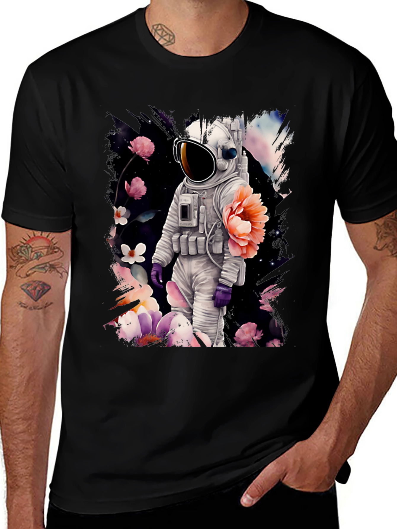 Variant 8 of Astronaut Floral T-Shirt - Space & Nature Fusion
