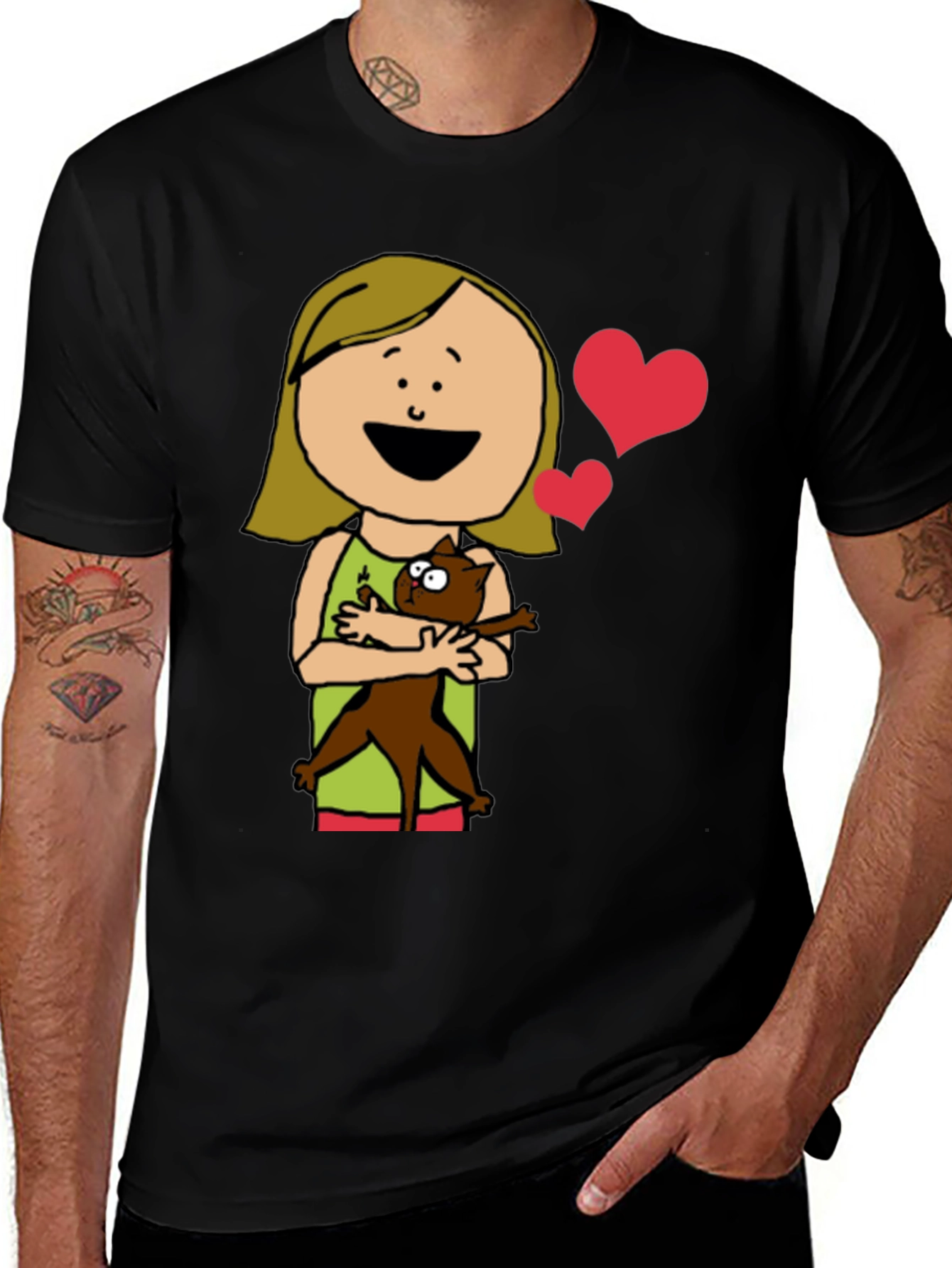 Variant 22 of Cute Cartoon Girl with Cat Black T-Shirt