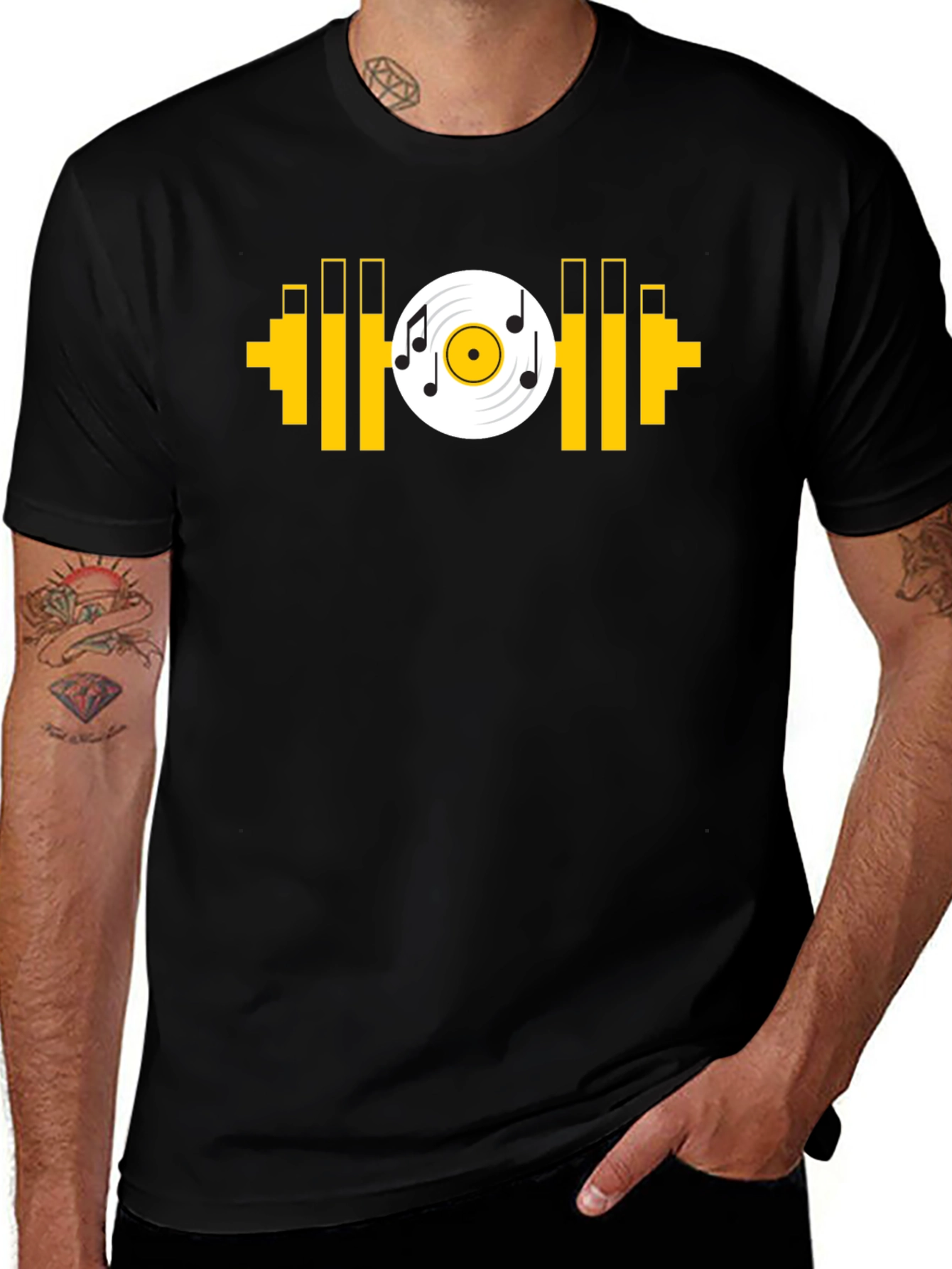 Variant 5 of Music Gym T-Shirt: Black Tee with Dumbbell Vinyl Graphic