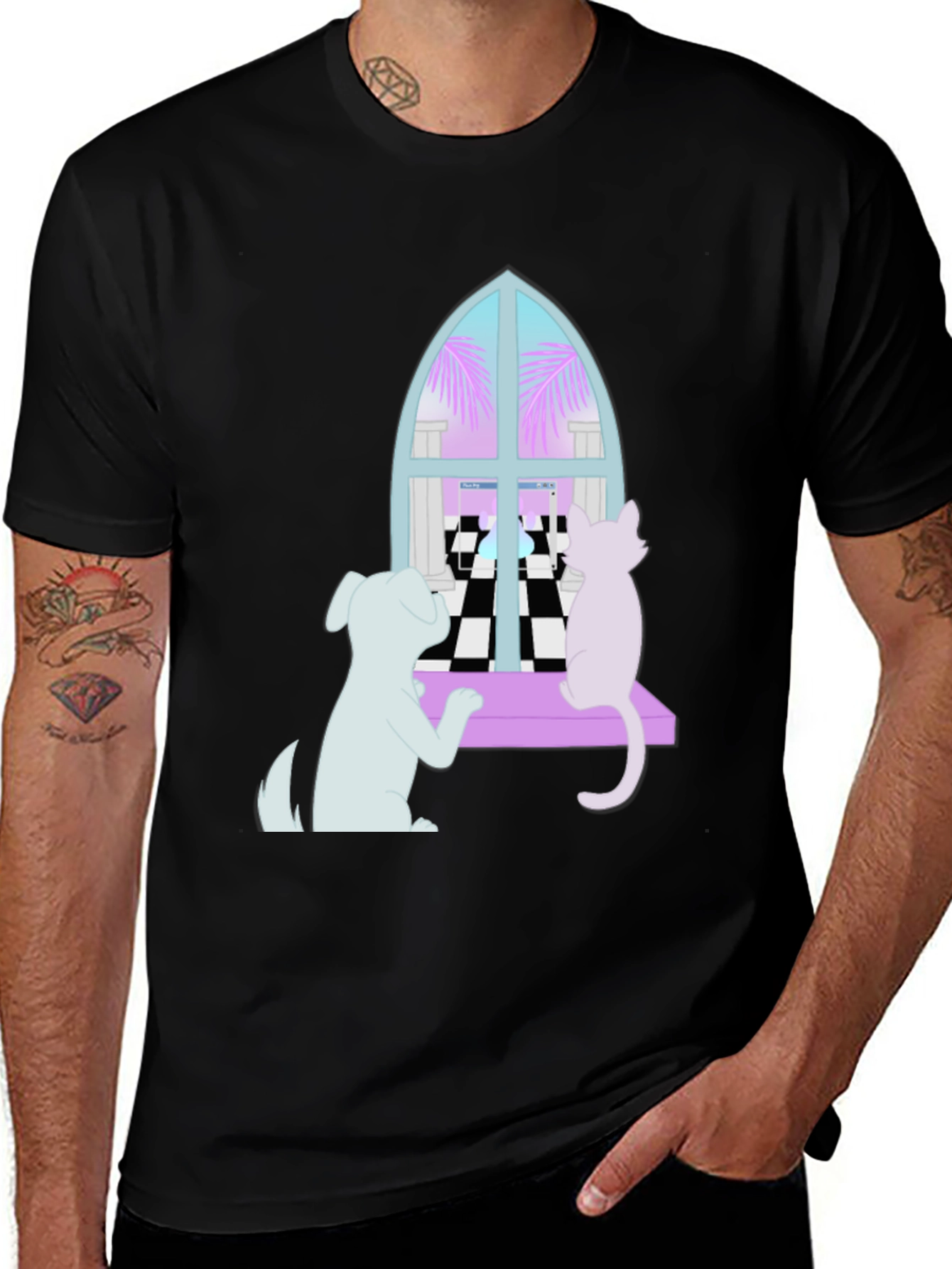 Variant 16 of Dog and Cat Window T-Shirt - Black