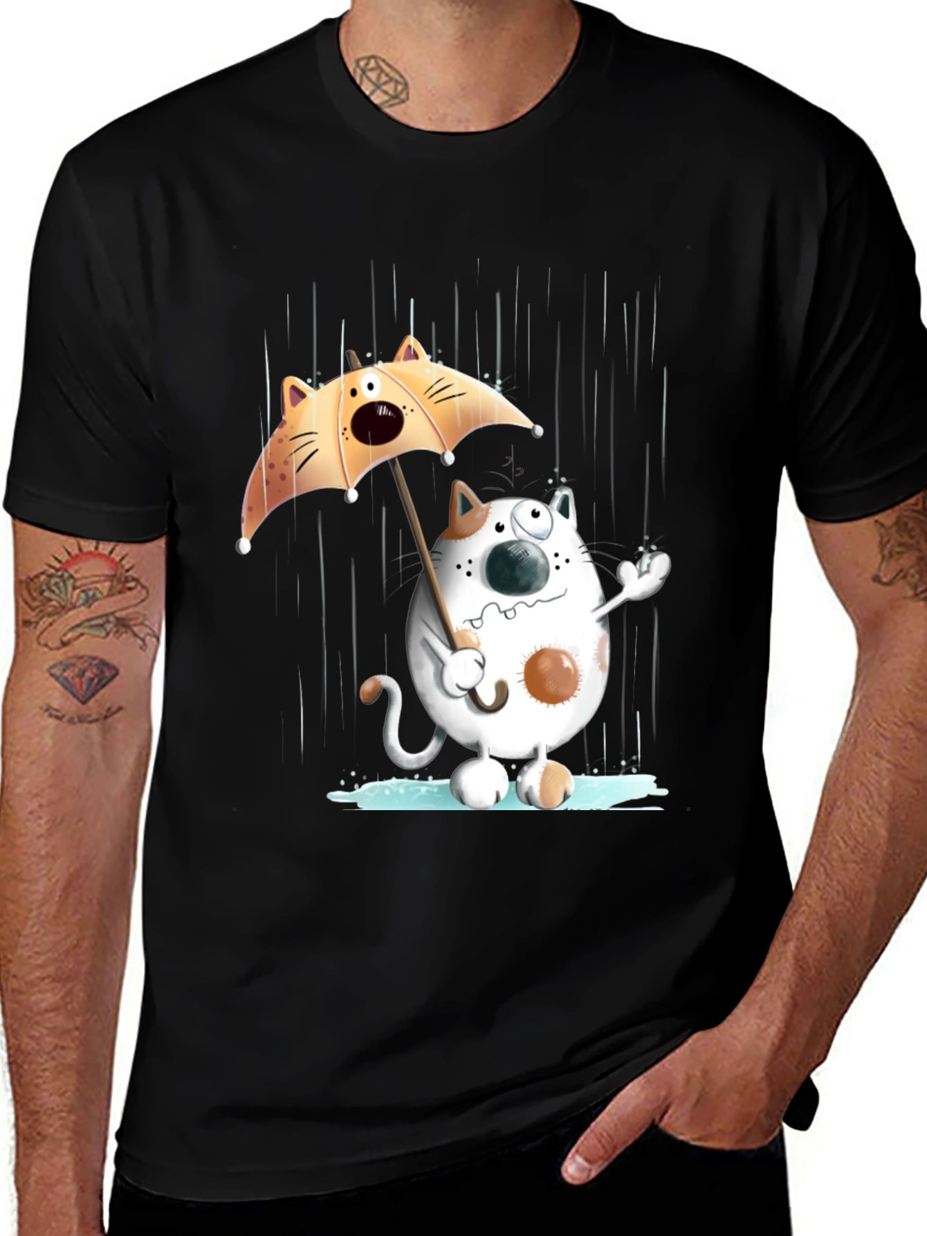 Variant 17 of Cat Umbrella Graphic T-Shirt - Rainy Day Fun!