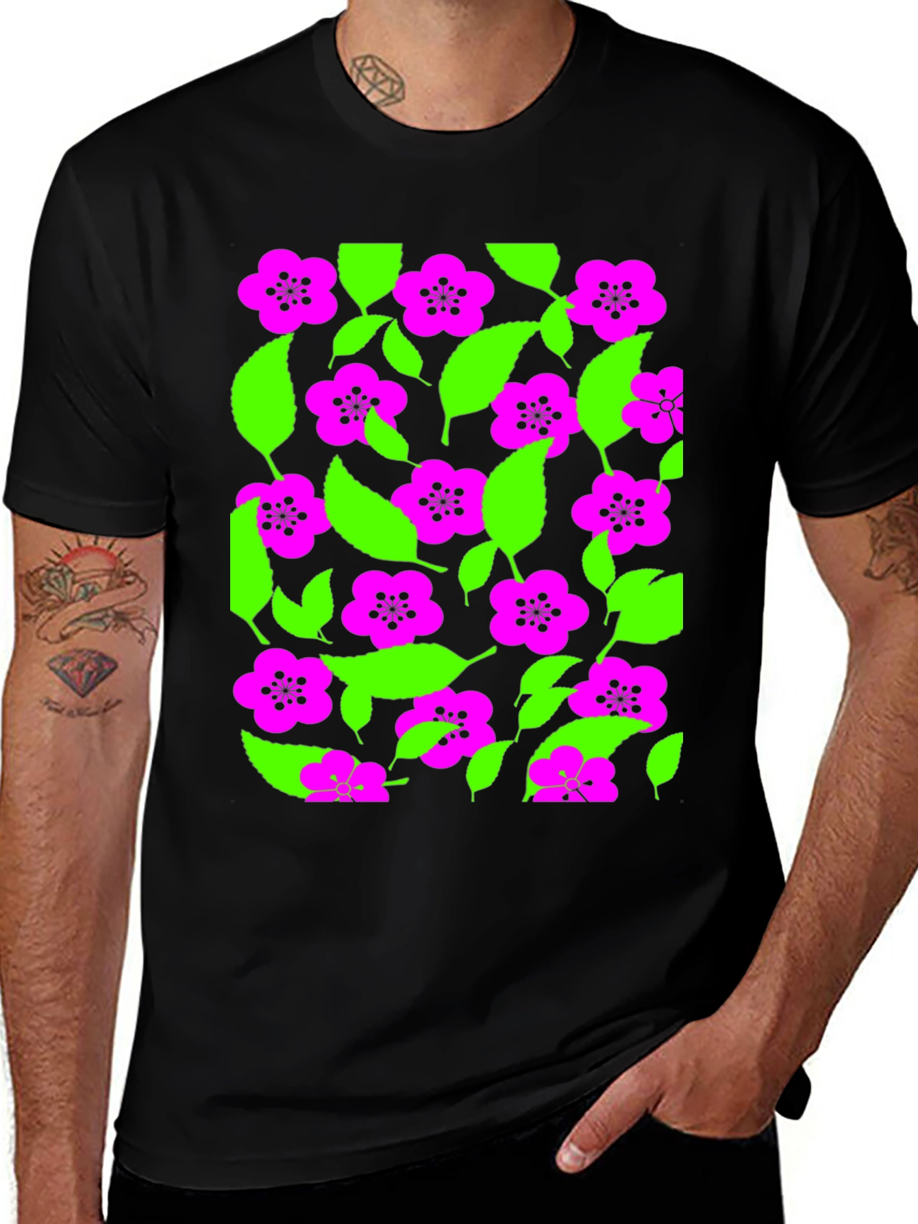 Variant 8 of Vibrant Floral Print Black T-Shirt