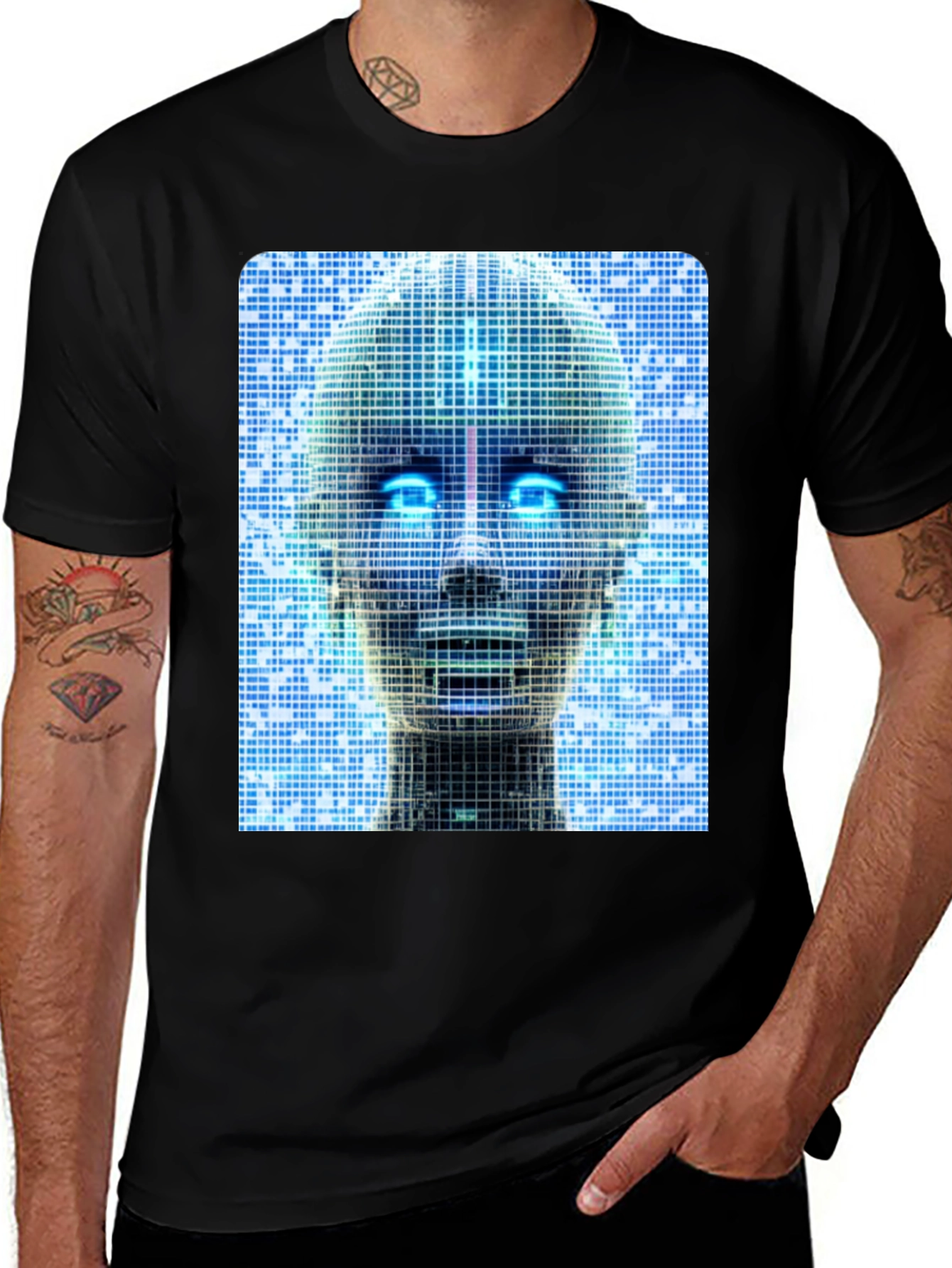Futuristic AI Grid Head T-Shirt - Unique Graphic Tee
