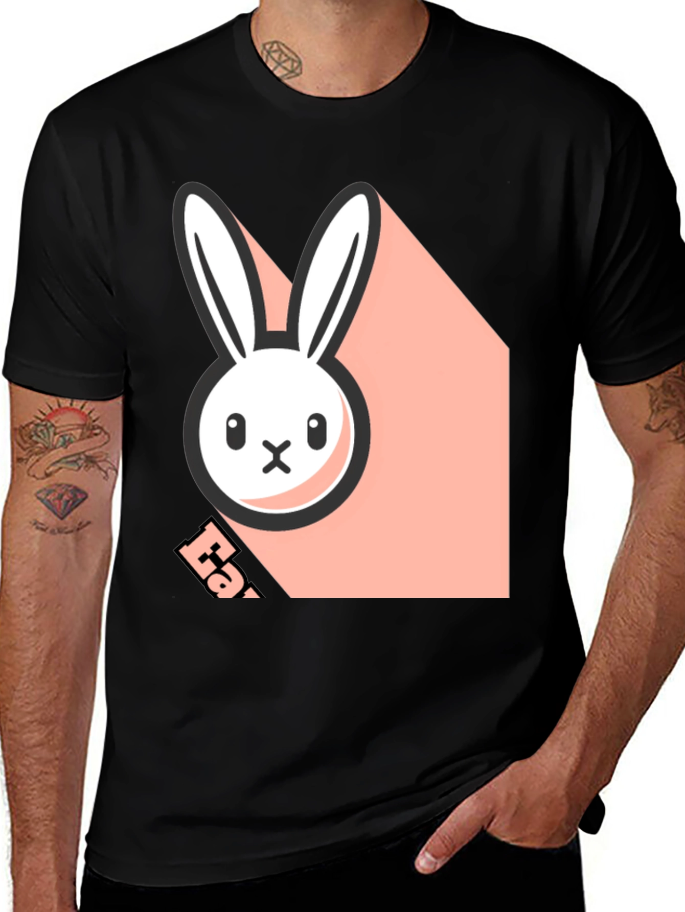 Black T-Shirt with Playful Bunny Graphic