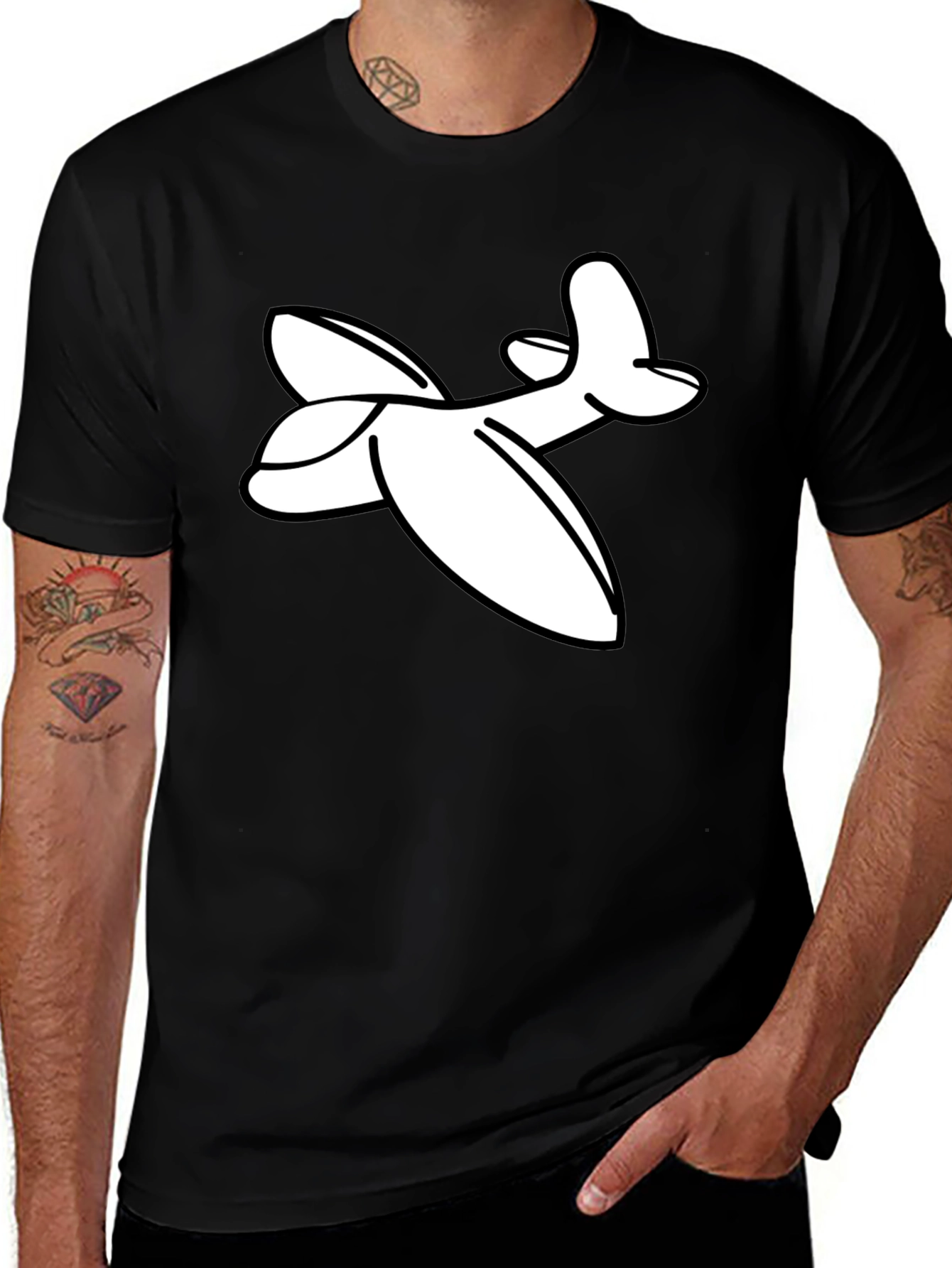Cartoon Airplane Graphic Tee - Black