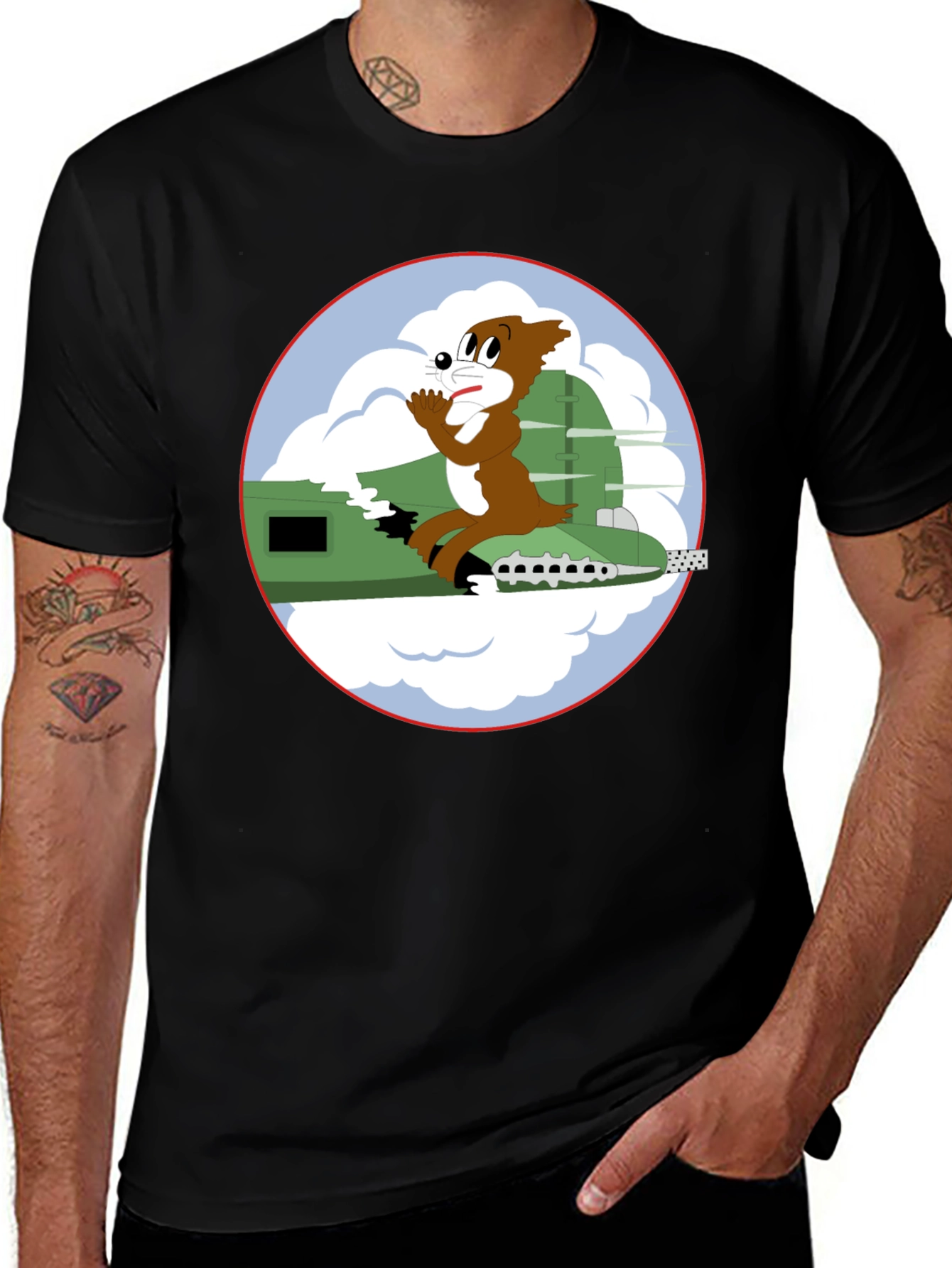 Variant 14 of Cartoon Bomber Plane Graphic Tee - Black