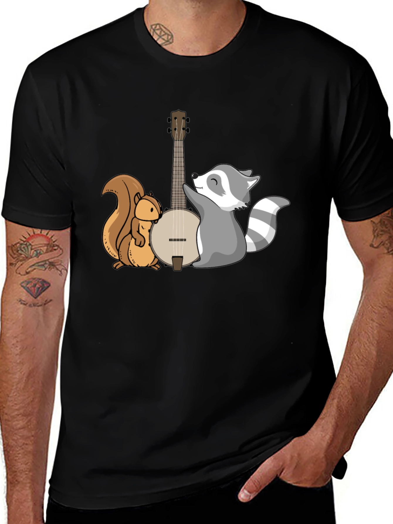 Black Squirrel and Raccoon Banjo Graphic Tee main image
